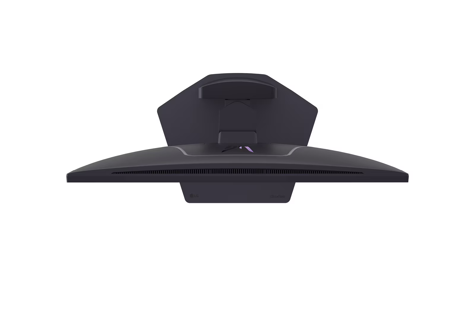 Felülnézet egy fekete számítógép-monitorról egy egyedi állvánnyal. A monitoron az LG és az UltraGear logók láthatók.