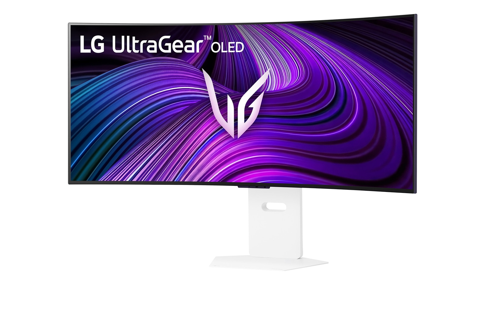 Ívelt LG UltraGear OLED monitor. A képernyő lila és kék örvénylő mintát jelenít meg az LG logójával és márkajelzésével.