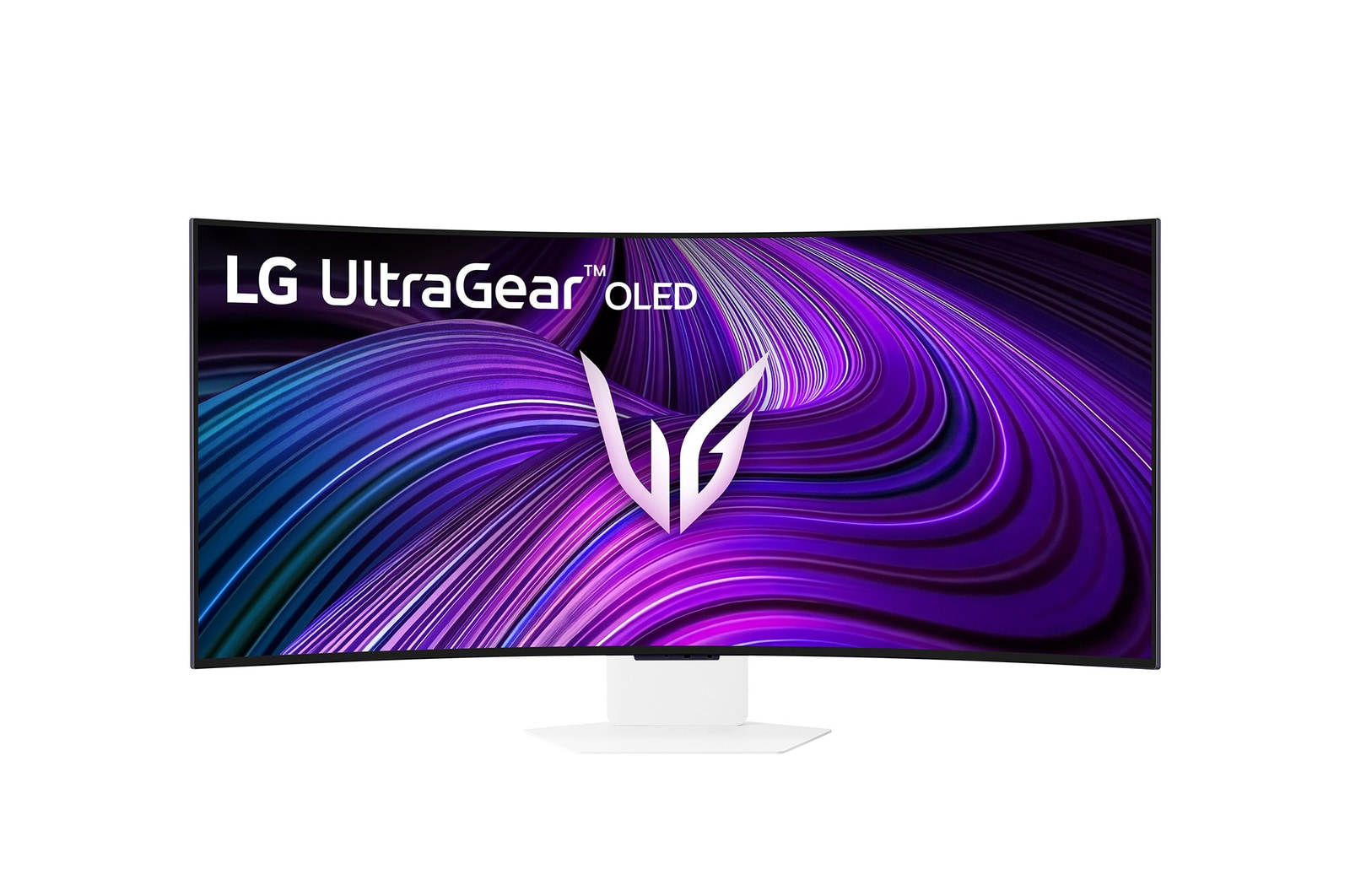 Ívelt LG UltraGear OLED monitor. A kijelző lila és kék hullám mintát mutat. Fehér talp.