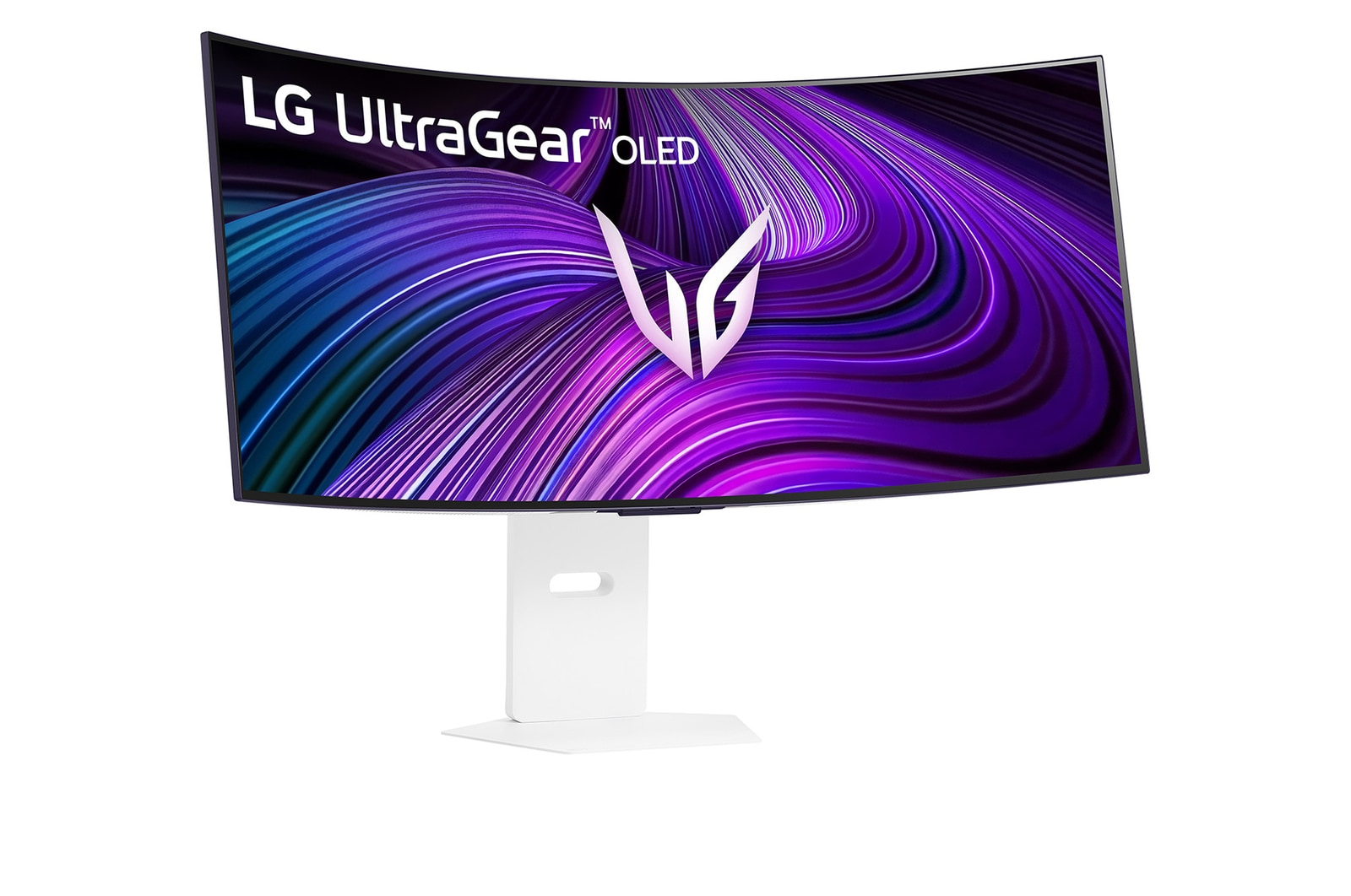 LG UltraGear OLED ívelt monitor. A kijelző lila és kék örvénylő mintát mutat. A fehér állvány tartja a képernyőt.
