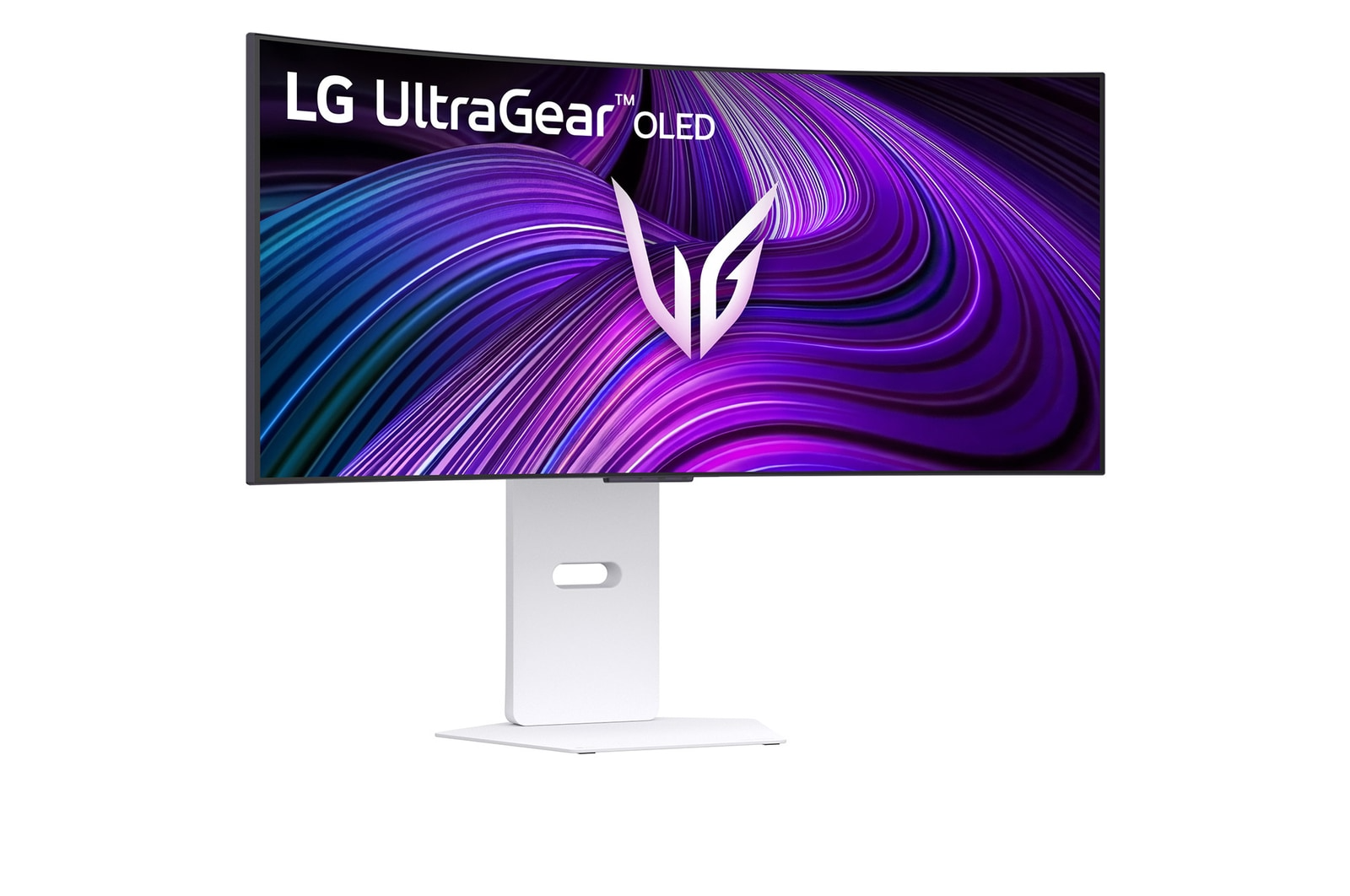 LG UltraGear OLED monitor, ívelt képernyő, fehér állvány. Lila és kék absztrakt dizájnt jelenít meg, logóval.