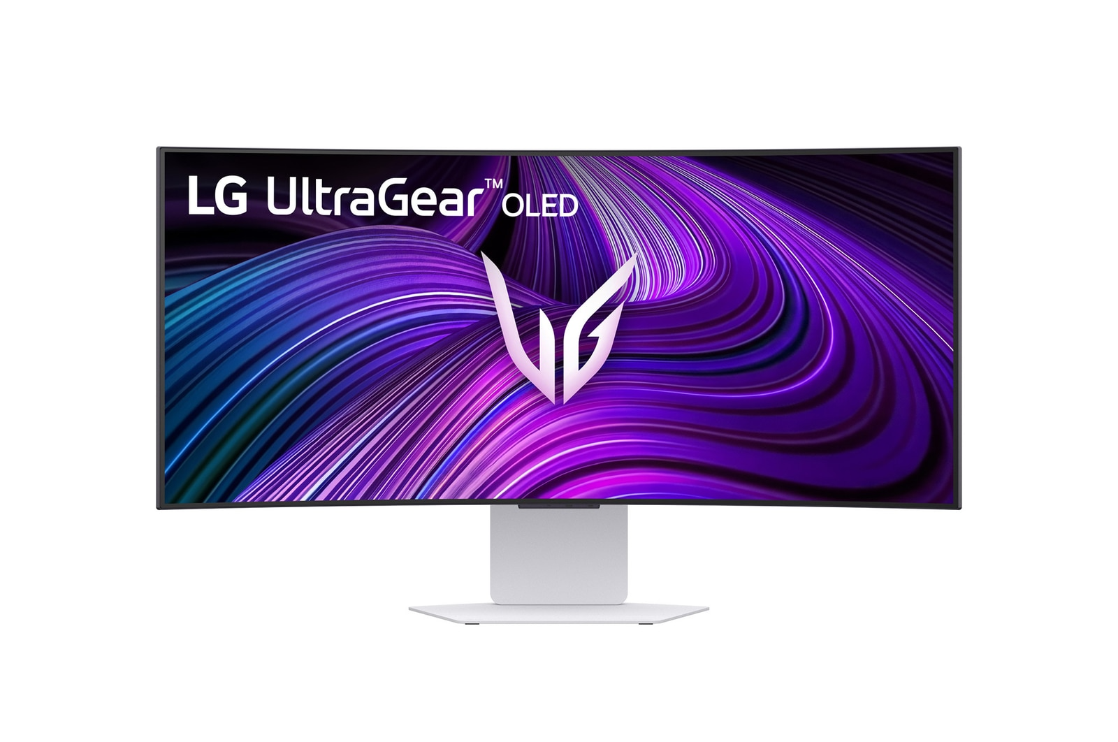 LG UltraGear OLED ívelt monitor. Fehér állvánnyal, lila-kék örvénylő háttérrel és LG UltraGear logóval.