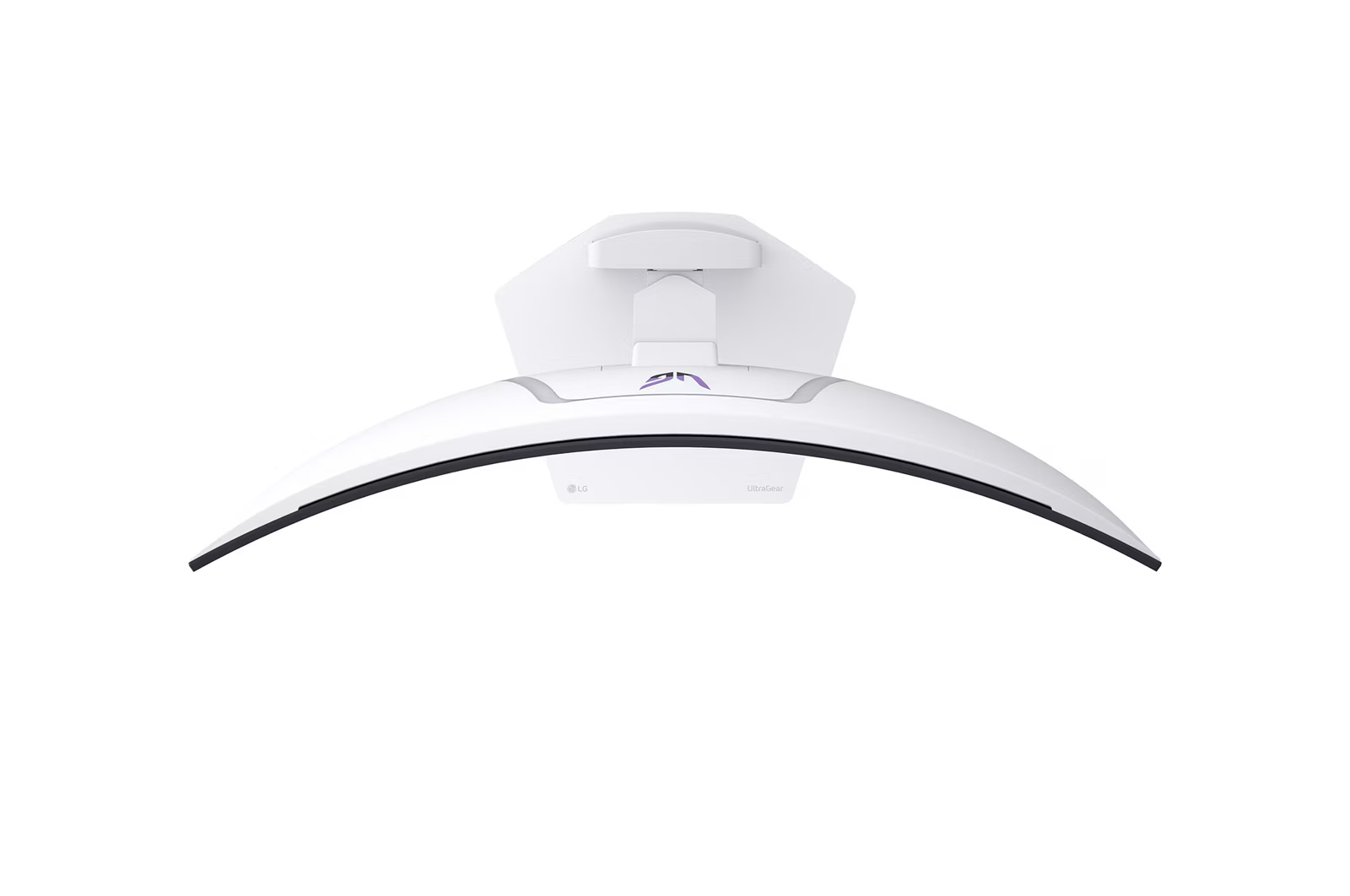 Felülnézet egy fehér, ívelt monitorról. A monitor állványa és talpa látható. LG és UltraGear logók.