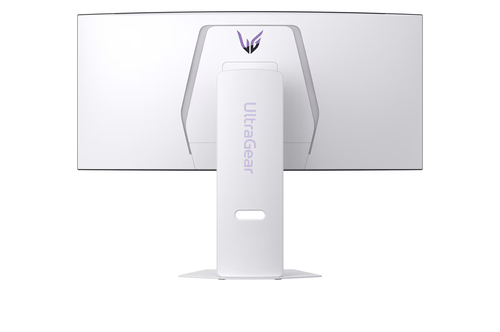 A fehér LG UltraGear monitor hátulnézete. Állvánnyal, logóval és UltraGear felirattal. Fehér háttér.