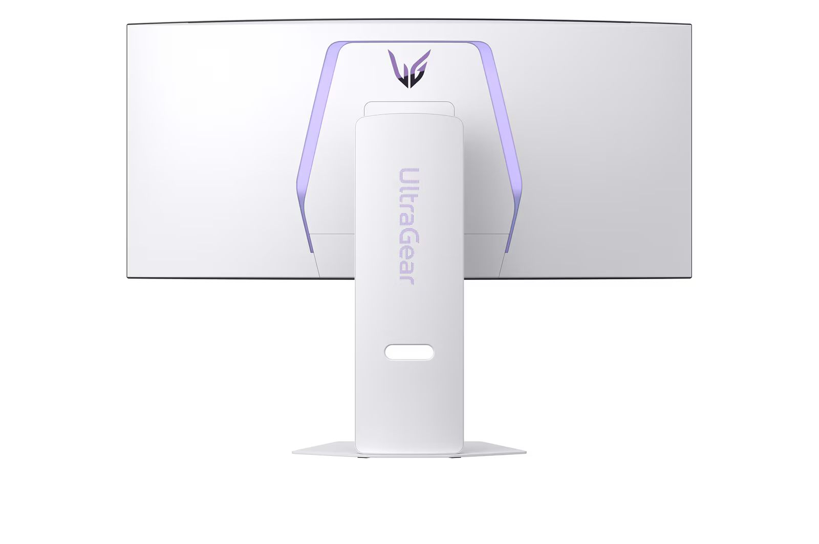 Fehér ívelt monitor hátulja, Ultragear logóval és állvánnyal. Lila díszítések emelik ki a dizájnt.