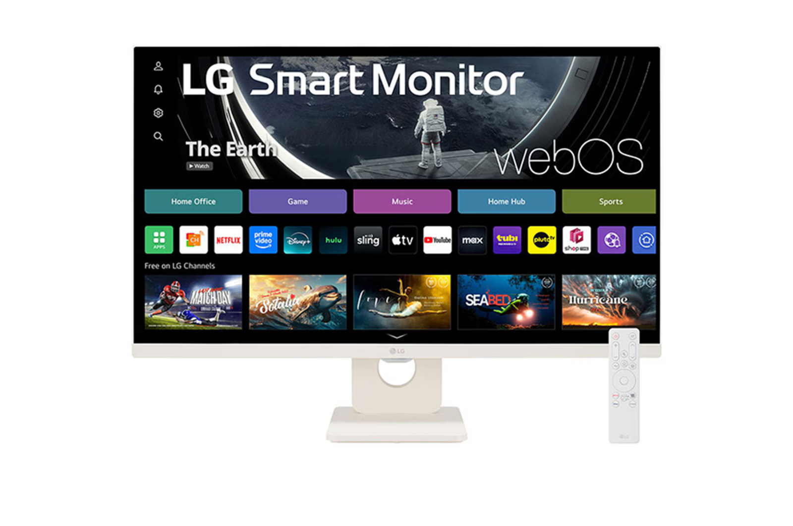 LG Smart Monitor Föld képpel. Alkalmazás ikonok. Távirányító jobbra. Fehér állvány és keret.