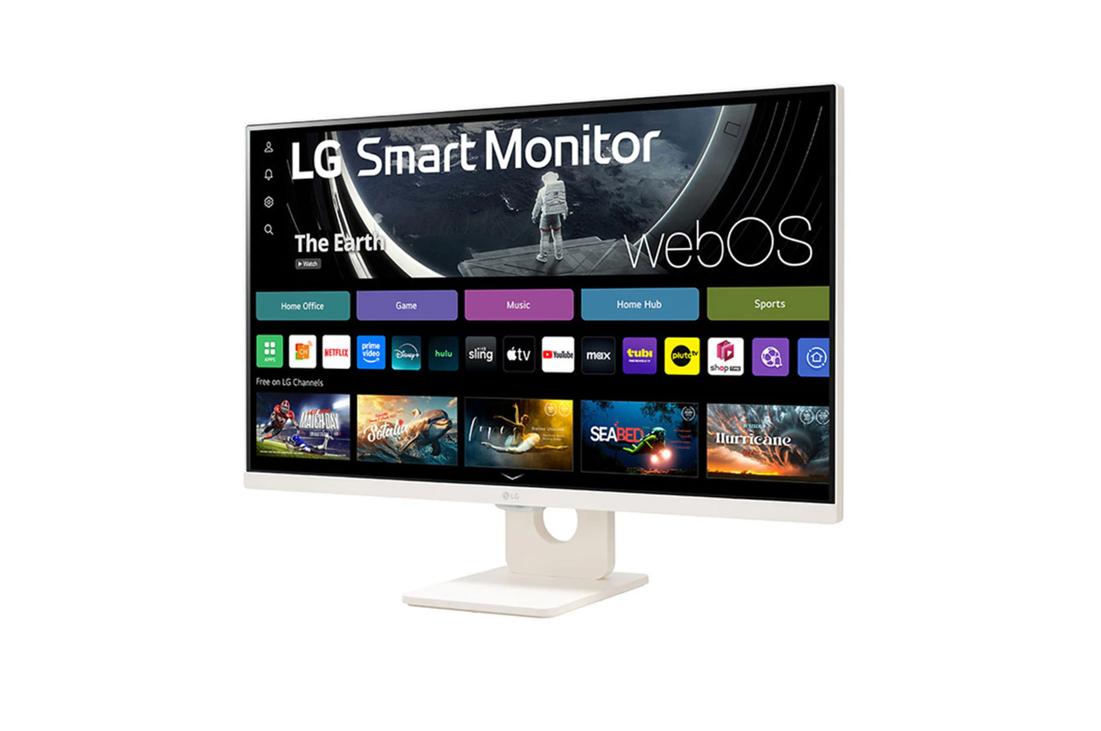 Egy LG Smart Monitor a webOS felületét jeleníti meg. Különböző streaming alkalmazások, mint a Netflix és a Hulu, láthatók egy alappal együtt.