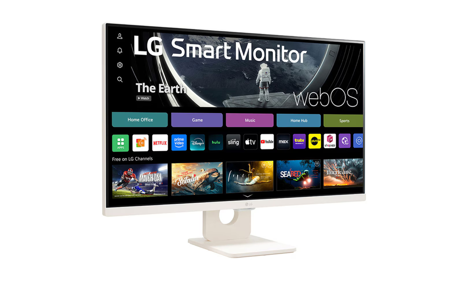 Az LG Smart Monitor WebOS felületet jelenít meg. Olyan alkalmazásokat jelenít meg, mint a Netflix és a Prime Video, valamint streaming tartalmakat és egy fehér állványt.