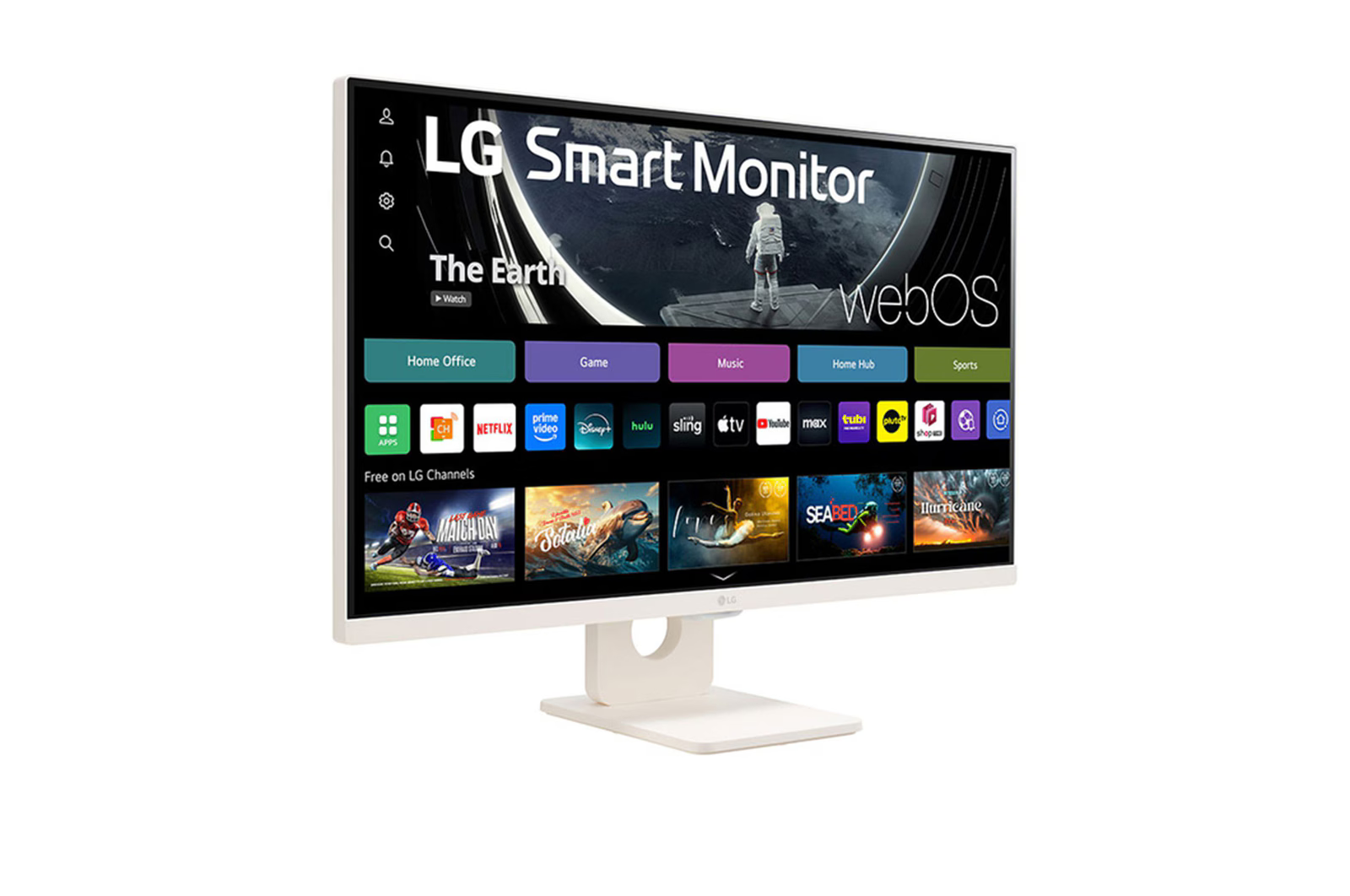 Egy LG Smart Monitor a felületét jeleníti meg. Streaming alkalmazásokat, menüopciókat és egy személyt mutat a Föld hátterén. A monitor fehér.