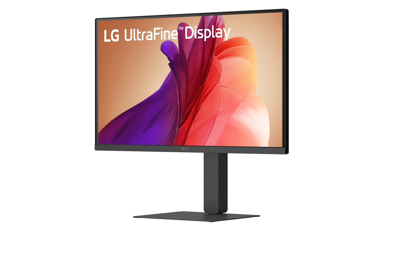 LG UltraFine Display monitor. Fekete keret, állvány. A képernyő absztrakt, színes dizájnt mutat.