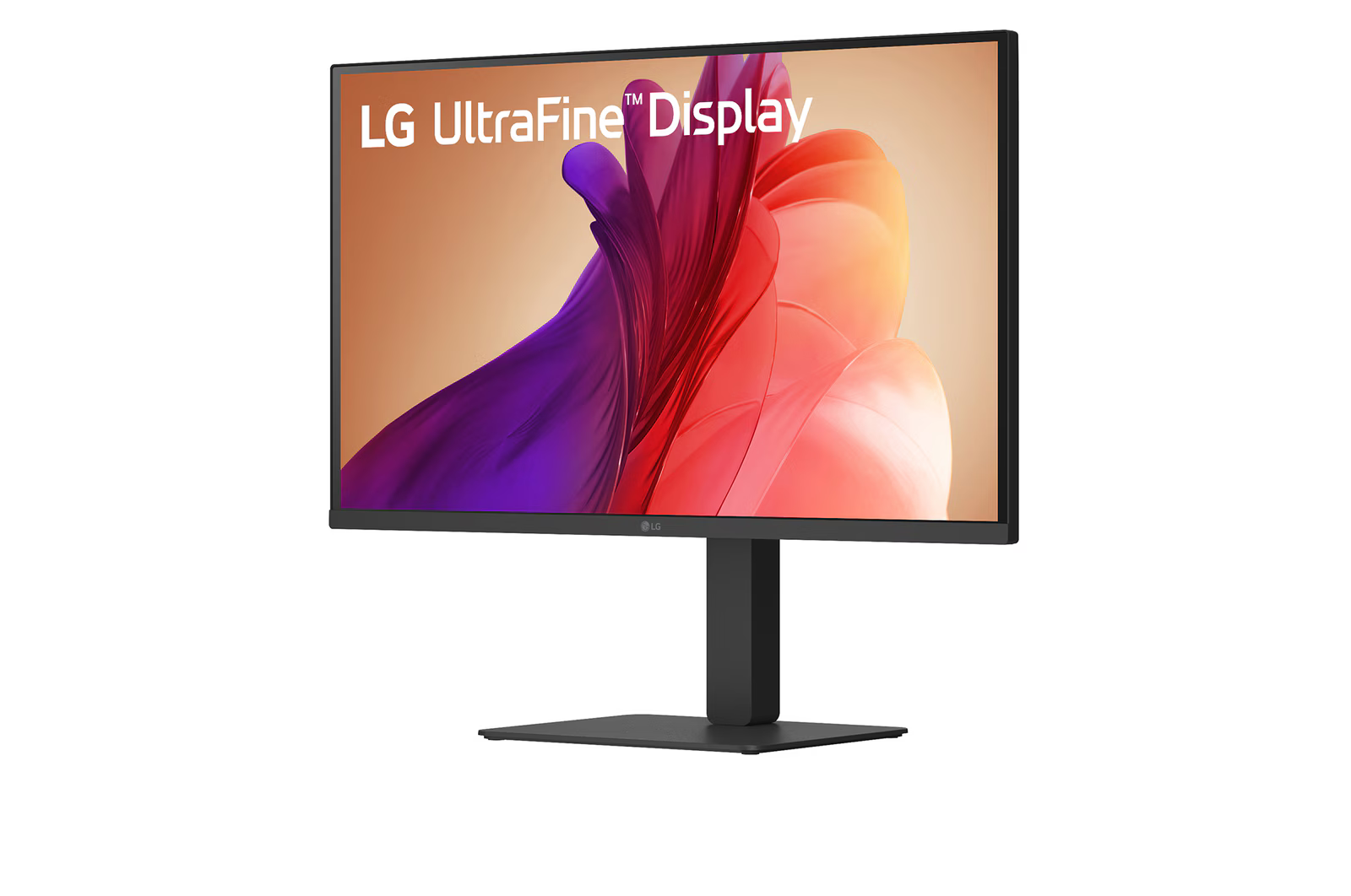 LG UltraFine kijelző, fekete keret, állvány. A képernyő lila, narancs és piros színű absztrakt művészetet mutat. Fehér háttér.