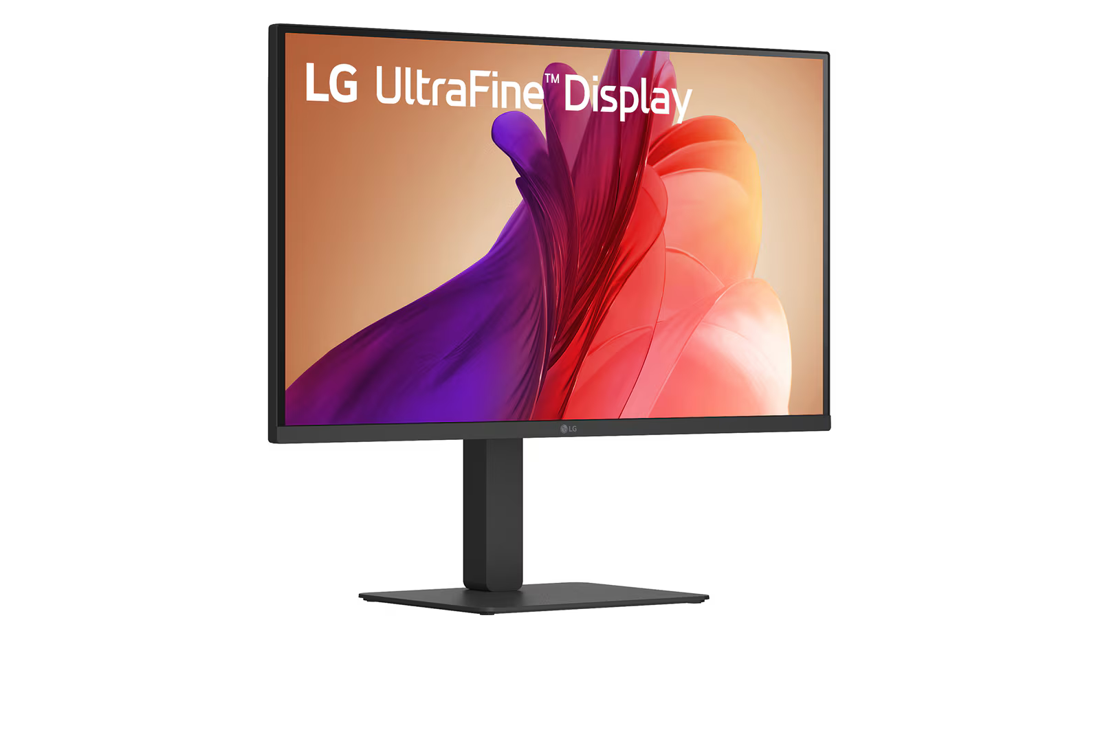 LG UltraFine Display monitor fehér háttérrel. A képernyő lila és narancssárga absztrakt formákat mutat.