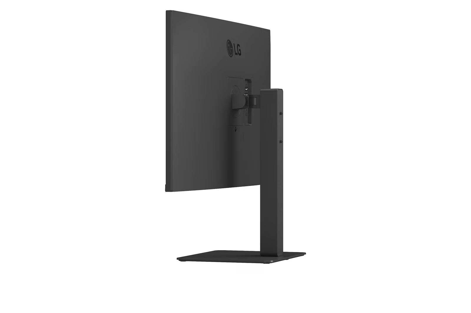 Egy sötétszürke LG monitor látható hátulról. Állványon van. Az LG logó látható.