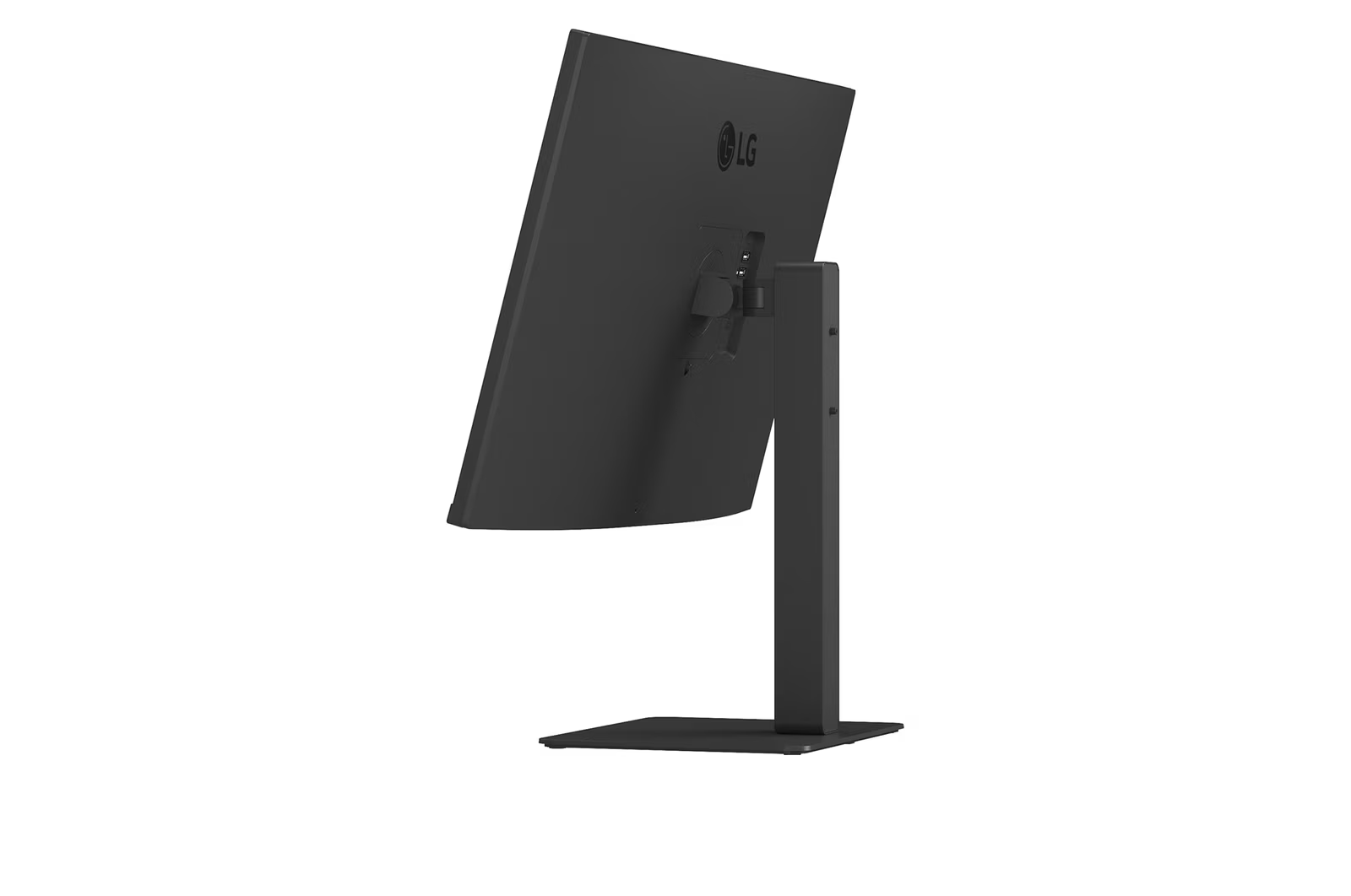 Egy fekete LG monitor fehér háttérrel. A monitor hátulja látható, a tartóval és az LG logóval.