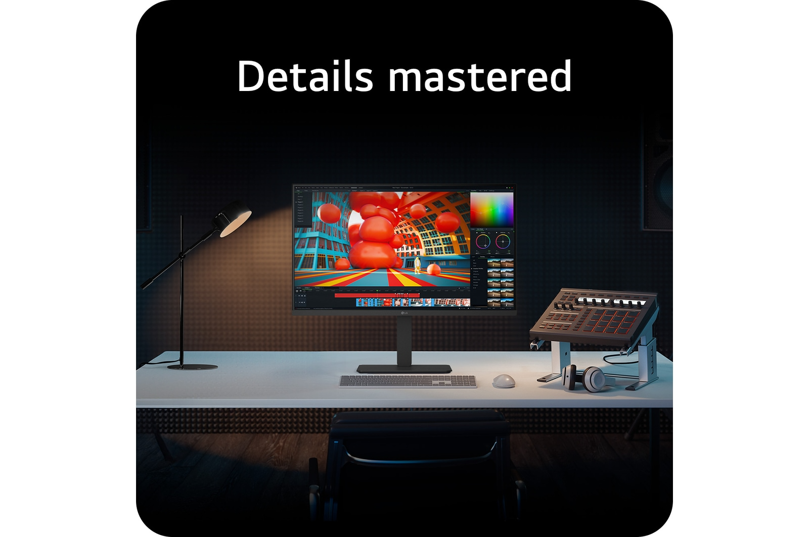 A monitor egy videószerkesztő felületet jelenít meg. Egy lámpa ég. Billentyűzet, egér és fejhallgató az asztalon. A szöveg: 'Details mastered'.