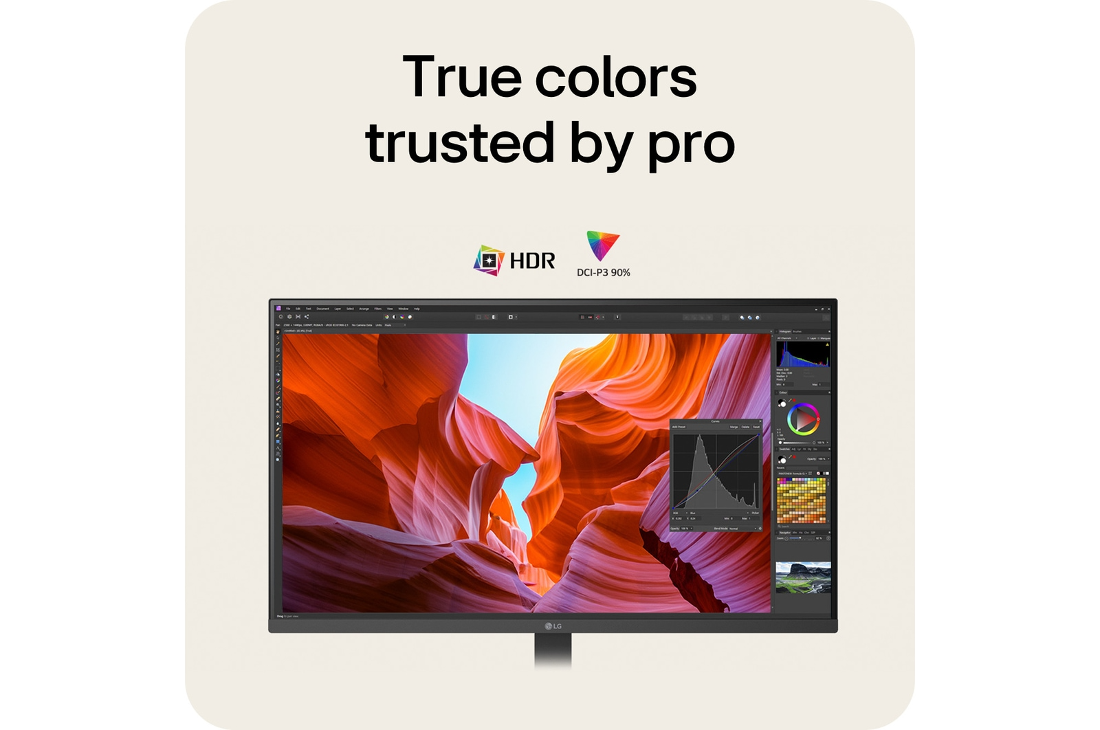 Az LG monitor fotószerkesztő szoftver felületet jelenít meg. A szöveg: 'Igaz színek, melyeket a profik is megbíznak'. HDR és DCI-P3 90% ikonok.