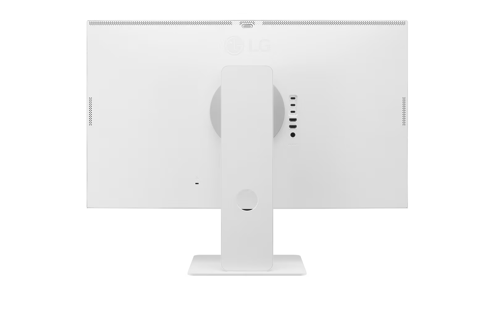 Egy fehér LG monitor hátulról, állvánnyal. Portok, szellőzők és az LG logója látható. Az állvány téglalap alakú.