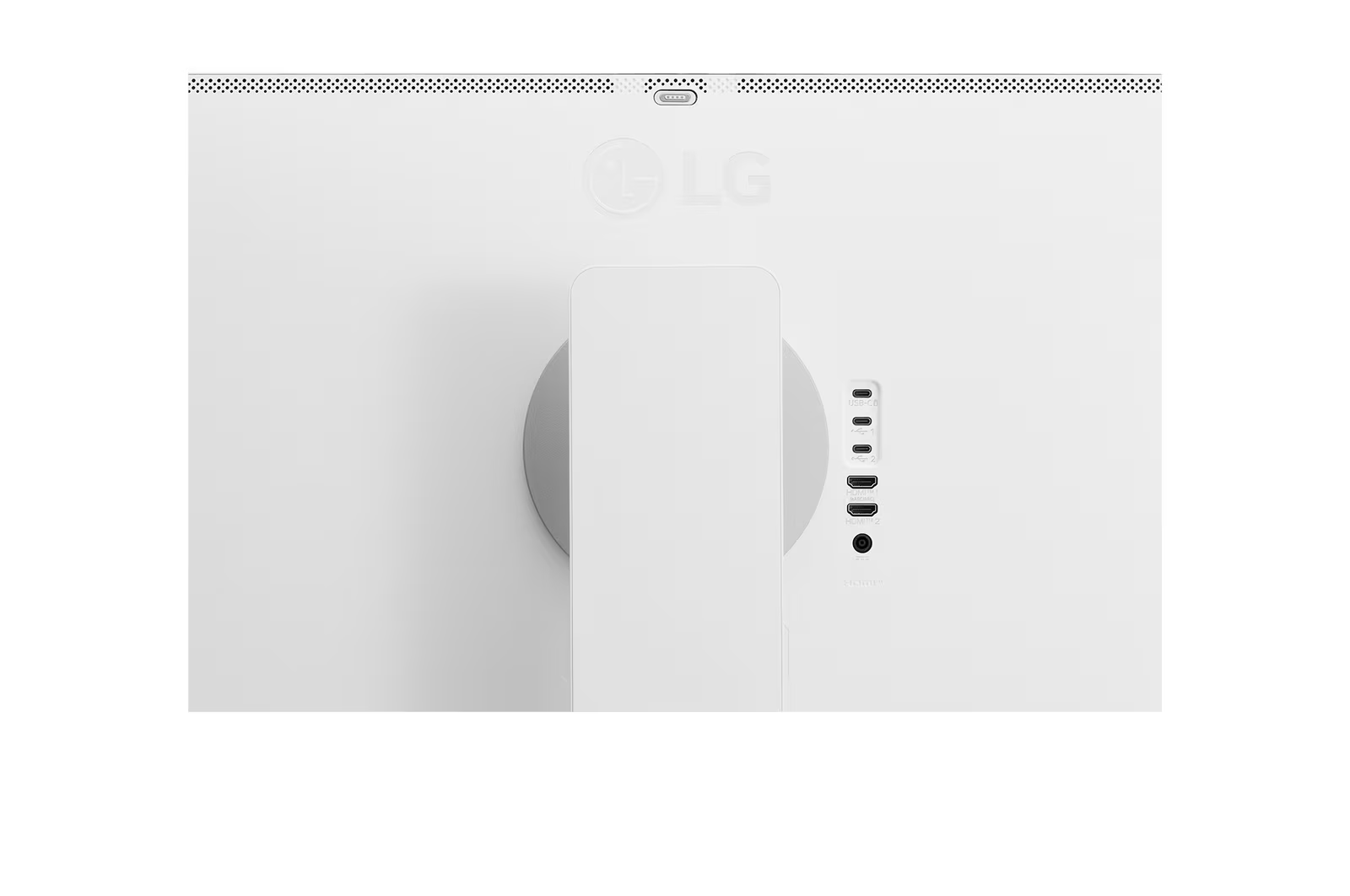 Fehér LG monitor hátulja. Csatlakozók, tartó és az LG logója látható. Közelkép, tiszta.