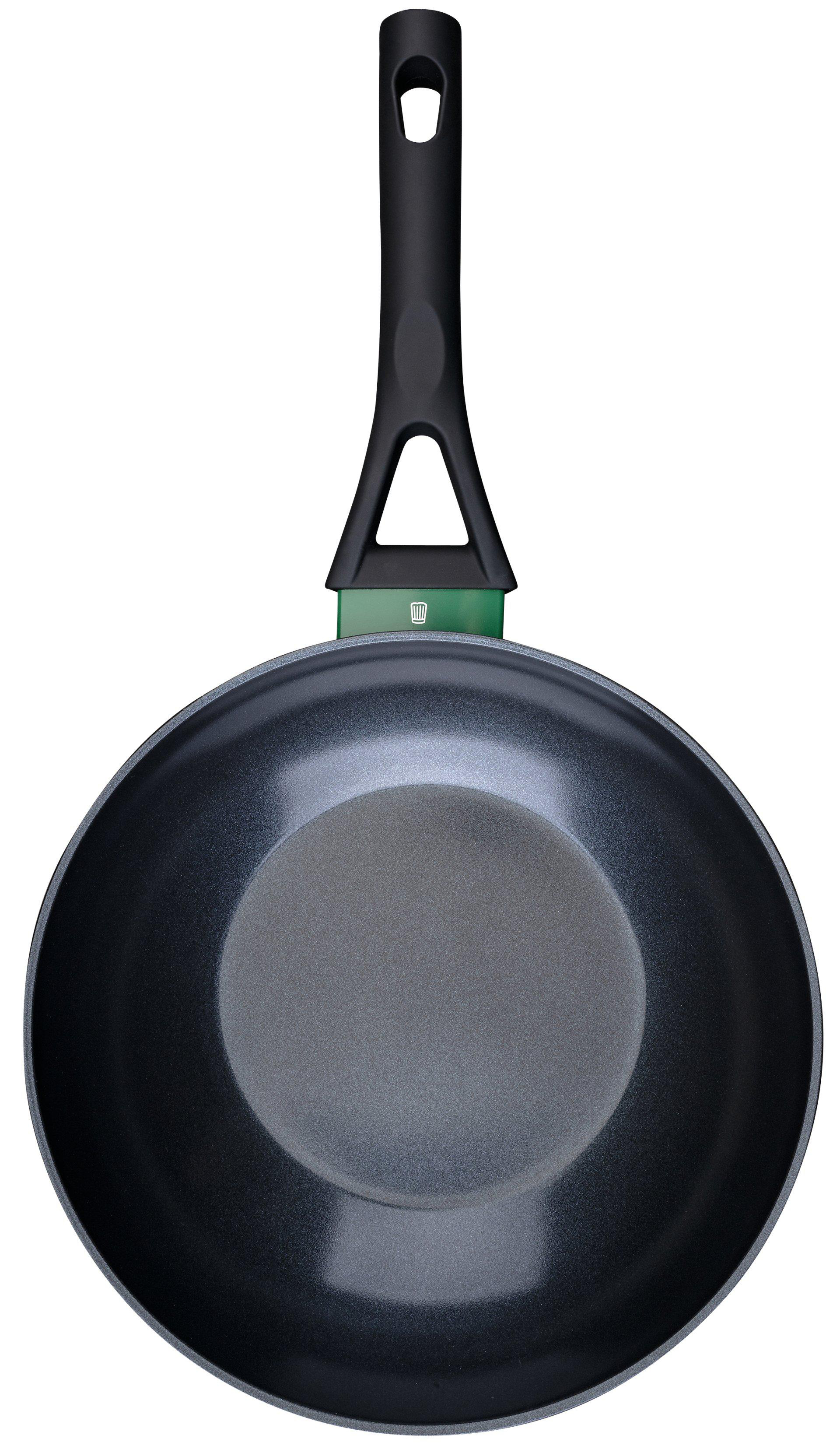 Eine schwarze Bratpfanne mit langem Griff. Die Pfanne ist oval und hat ein dunkles Innere. Der Griff ist schwarz.