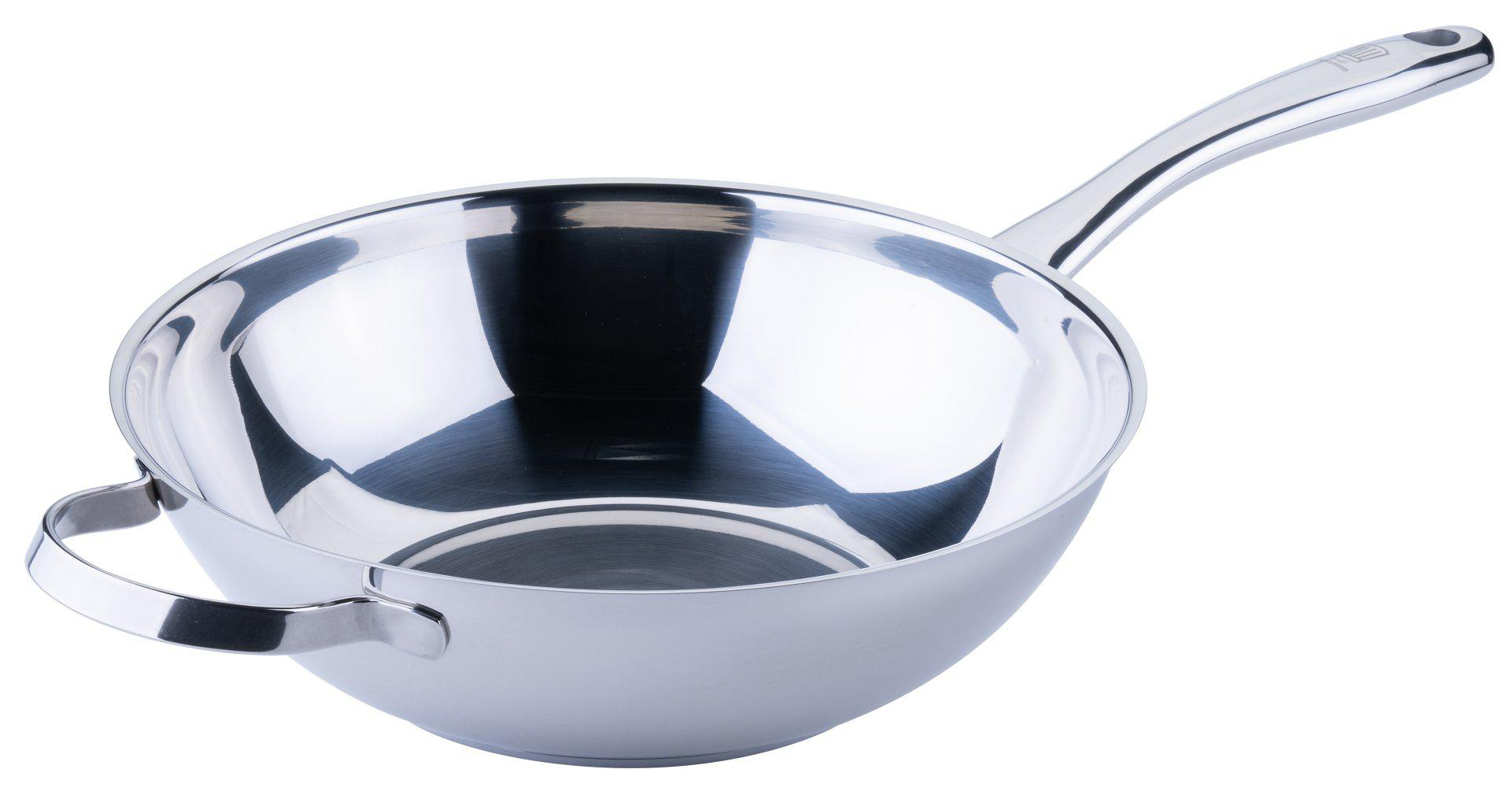 Eine Edelstahl-Wok-Pfanne mit langem Griff und einem kleinen Griff an der Seite. Die Pfanne ist reflektierend.