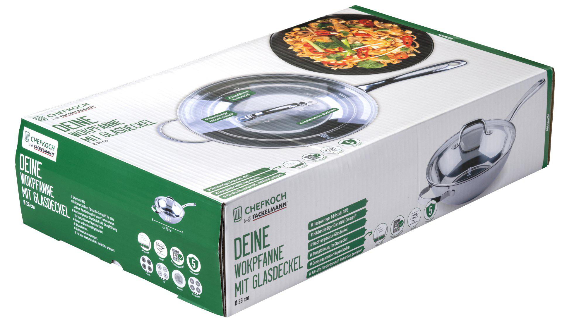 Eine Schachtel zeigt eine Chefkoch-Wokpfanne mit Glasdeckel. Die Pfanne ist aus Edelstahl. Die Schachtel enthält deutschen Text und Bilder des Produkts.