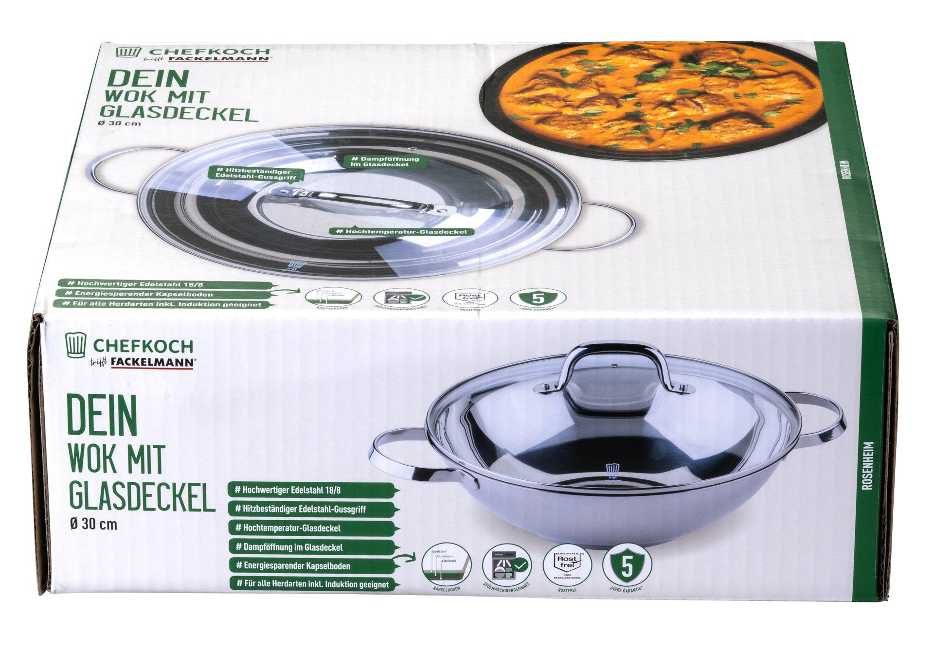 Eine Produktbox zeigt einen Wok mit Glasdeckel. Die Box enthält Text auf Deutsch und hebt Merkmale hervor und ein Bild von Essen.