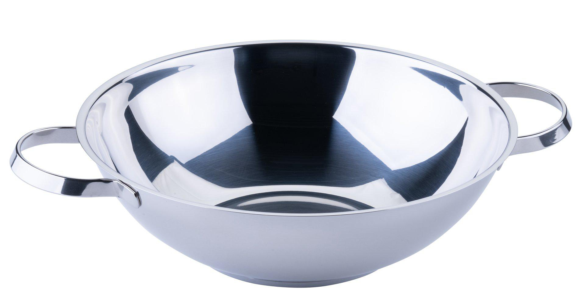 Eine glänzende Edelstahlschüssel mit zwei Griffen. Sie reflektiert die Umgebung und zeigt einen dunklen Schatten im Inneren.