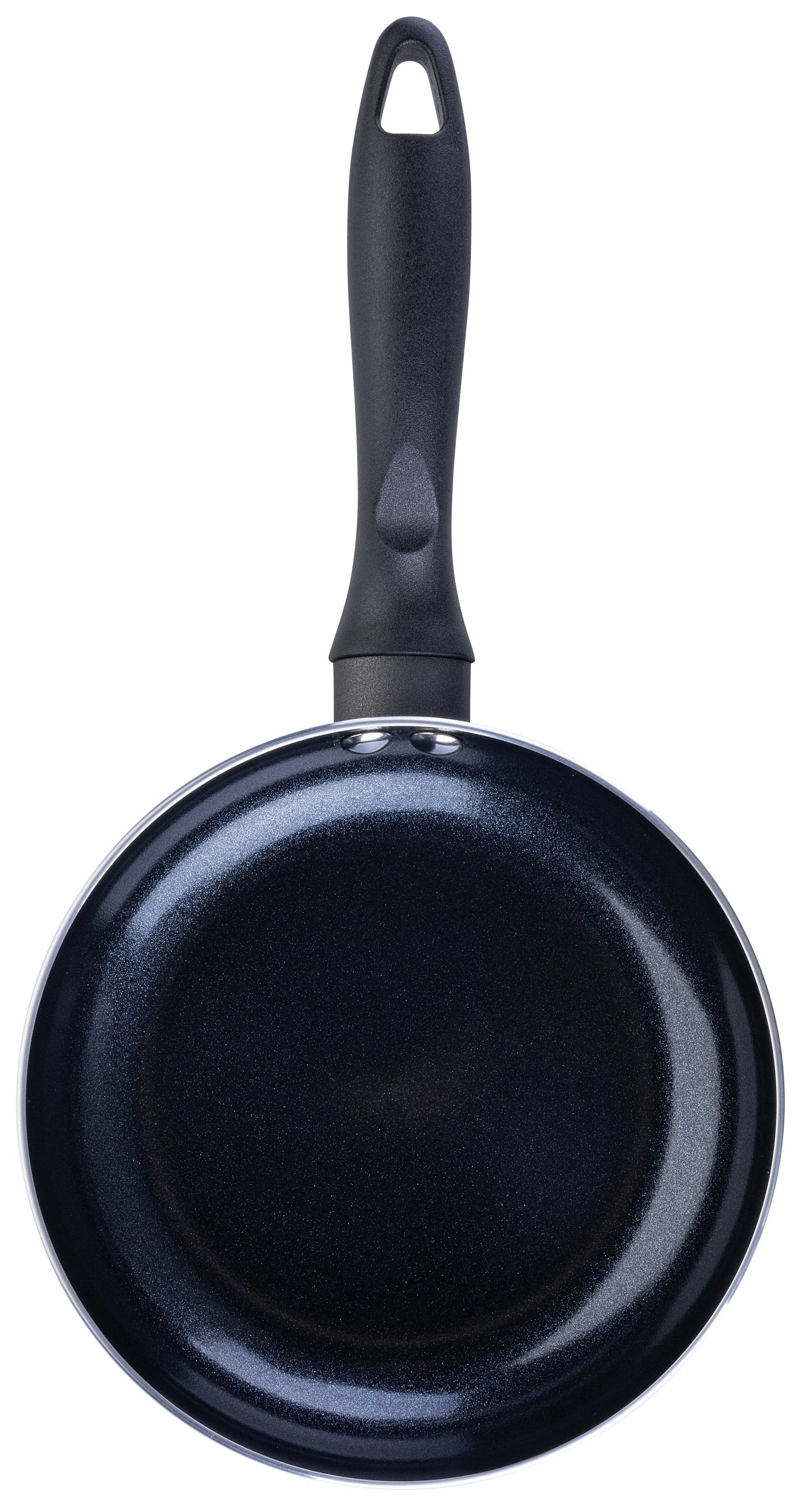 Eine schwarze Bratpfanne mit langem Griff. Die Pfanne ist oval und der Griff ist schwarz. Der Hintergrund ist weiß.