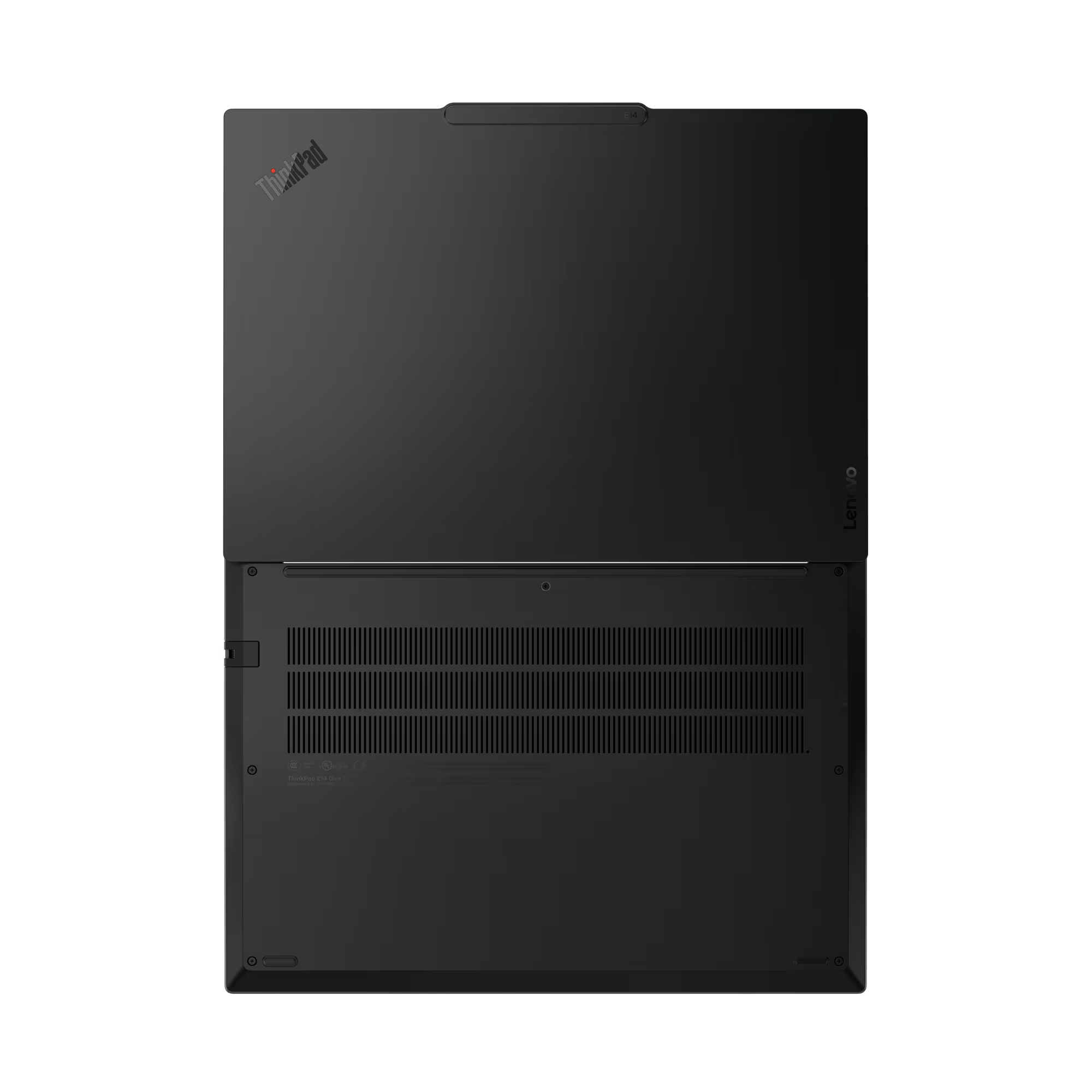 Ordenador portátil ThinkPad negro, vista superior. Tapa abierta, con el logotipo de ThinkPad. Parte inferior con ventilación y Lenovo.