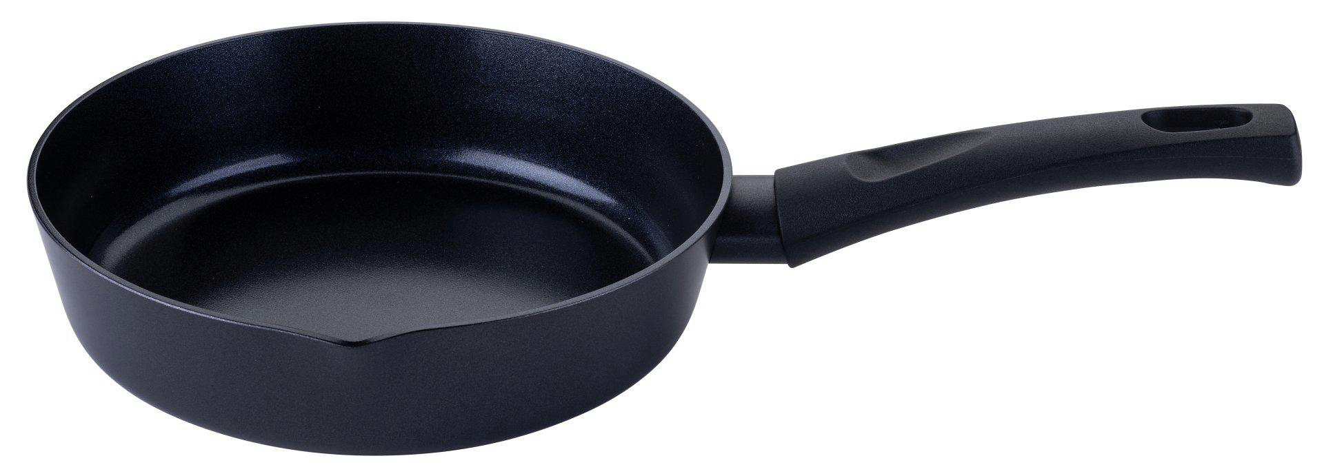 Schwarzer Kochtopf mit Griff auf weißem Hintergrund.