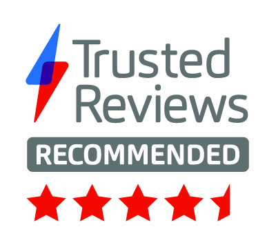Logo mit Text 'Trusted Reviews RECOMMENDED' und fünf roten Sternen. Oben links ein Blitz-Grafik.