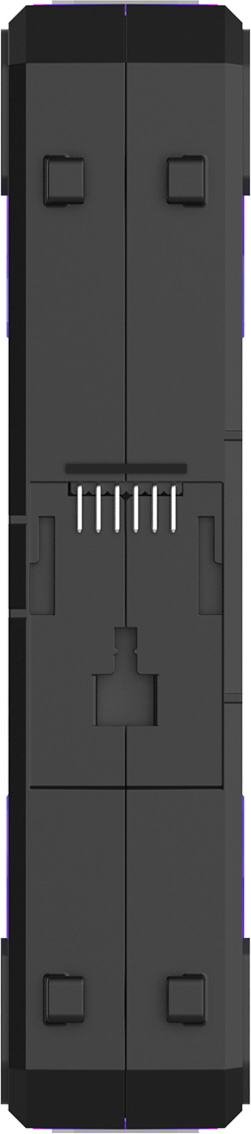 Czarny prostokątny przedmiot z szeregiem białych pinów pośrodku i kwadratowymi przyciskami na górze i na dole.