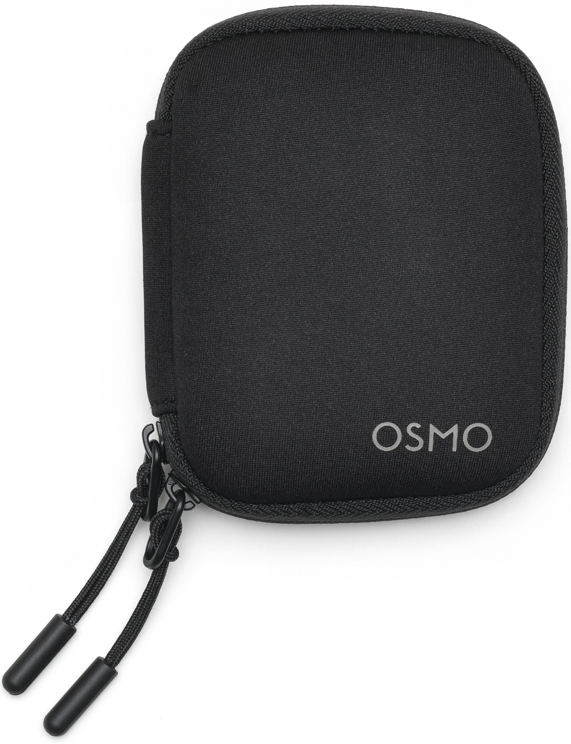 Ein schwarzes, abgerundetes Etui mit Reißverschluss und dem Wort "OSMO". Die Reißverschlussanhänger haben schwarze Kordeln.