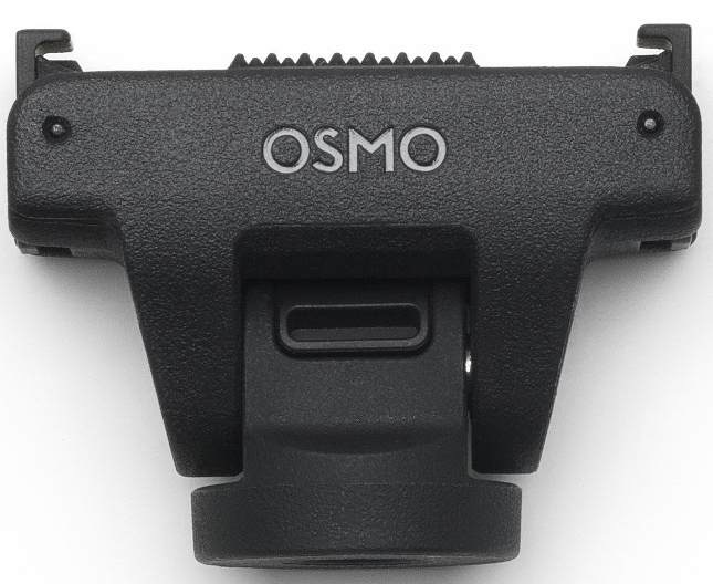 Schwarze Osmo-Kamerahalterung. Es trägt das Wort 'OSMO'. Es hat eine strukturierte Oberfläche und verschiedene Schlitze und Vorsprünge.