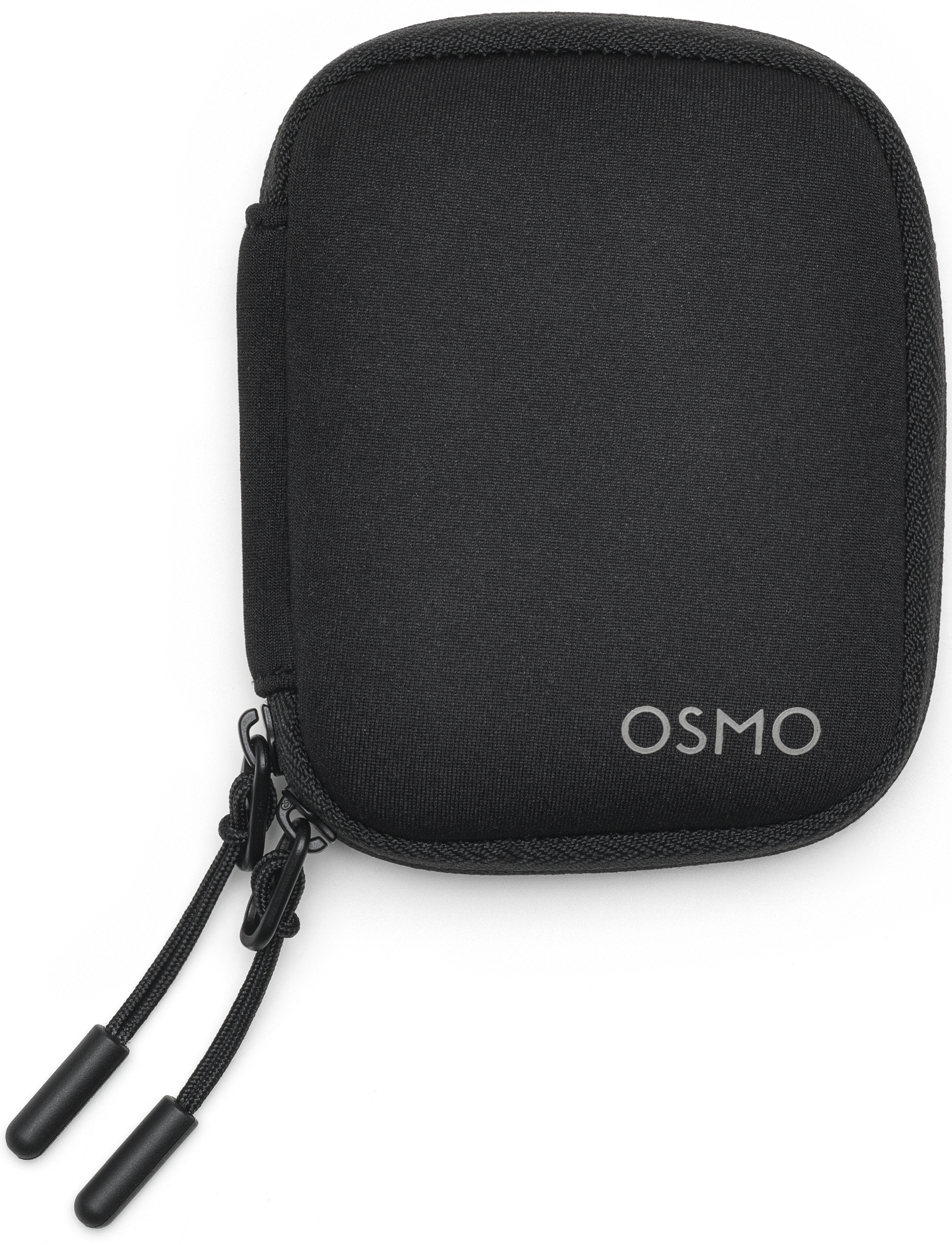 Schwarzes Osmo-Etui mit Reißverschluss und Kordelzügen. Das Etui hat das Logo 'OSMO'. Der Hintergrund ist weiß.