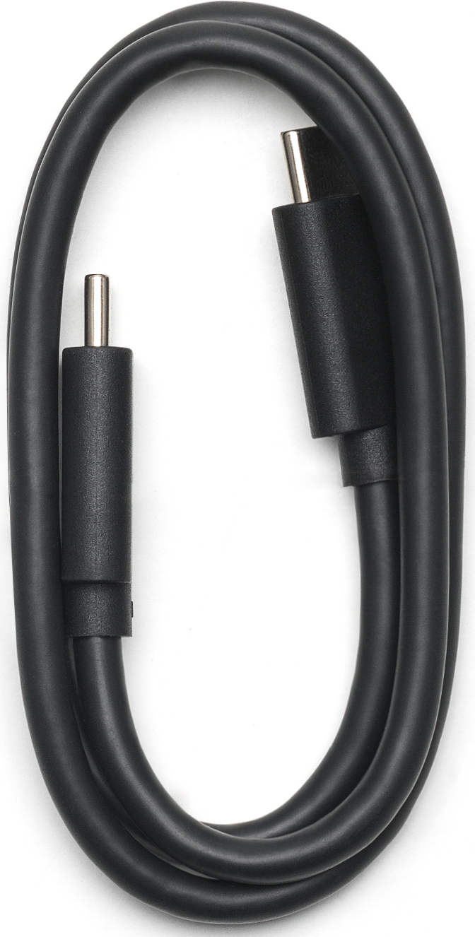 Ein schwarzes USB-Kabel mit zwei Anschlüssen, einem USB-C und einem kleineren, von oben vor weißem Hintergrund in Ovalform angeordnet.