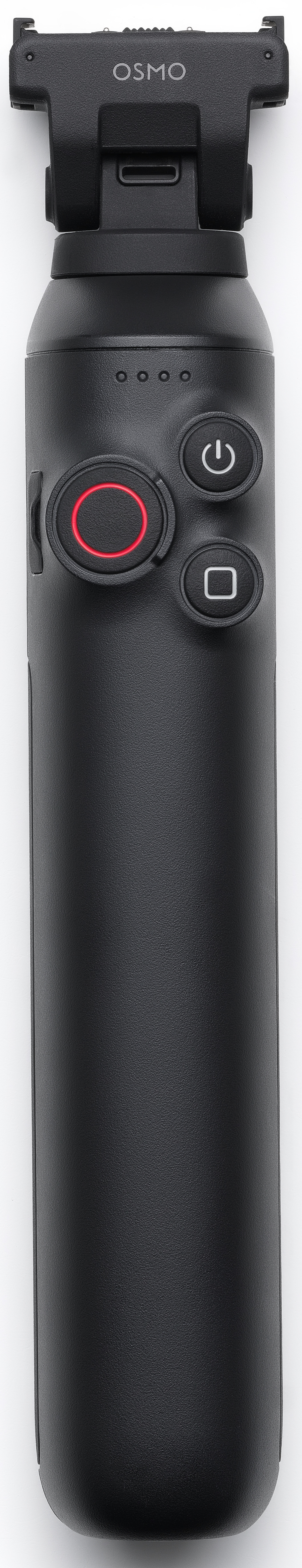 Eine schwarze Osmo-Kamera mit einem Knopf mit rotem Kreis und einem Ein-Aus-Knopf.