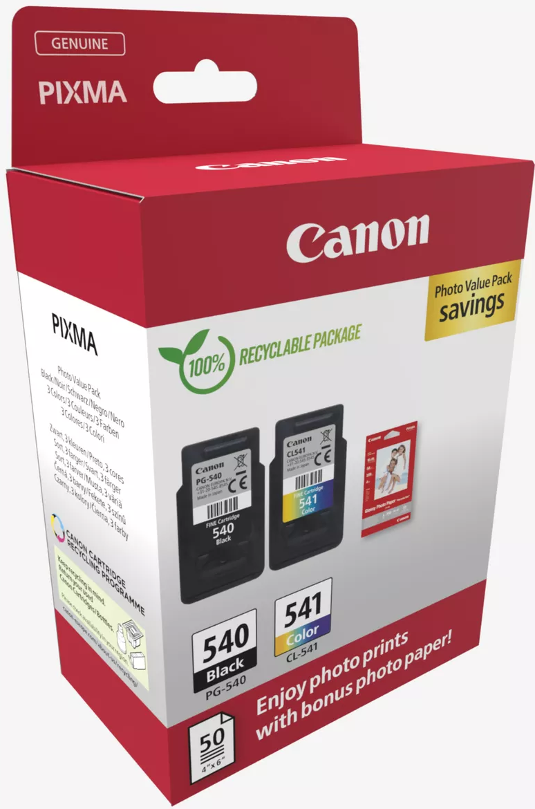 Boîte d'encre d'imprimante Canon Pixma. Rouge et blanche, contient cartouches d'encre noire et couleur, et offre des économies.