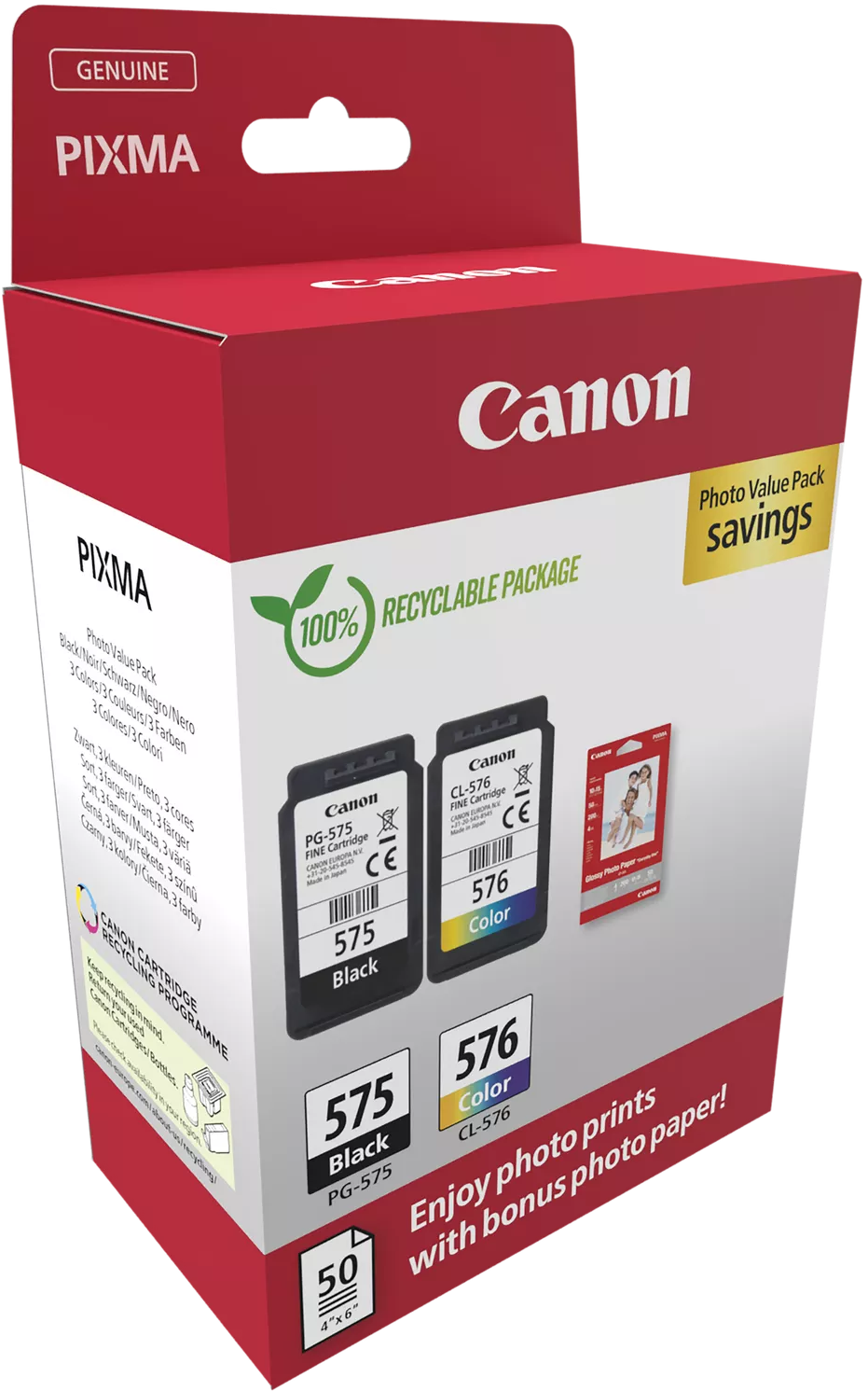 Canon Pixma Tintenpatronenbox. Enthält schwarze und farbige Patronen, Fotopapier und Recyclinginformationen. Rotes und weißes Branding.