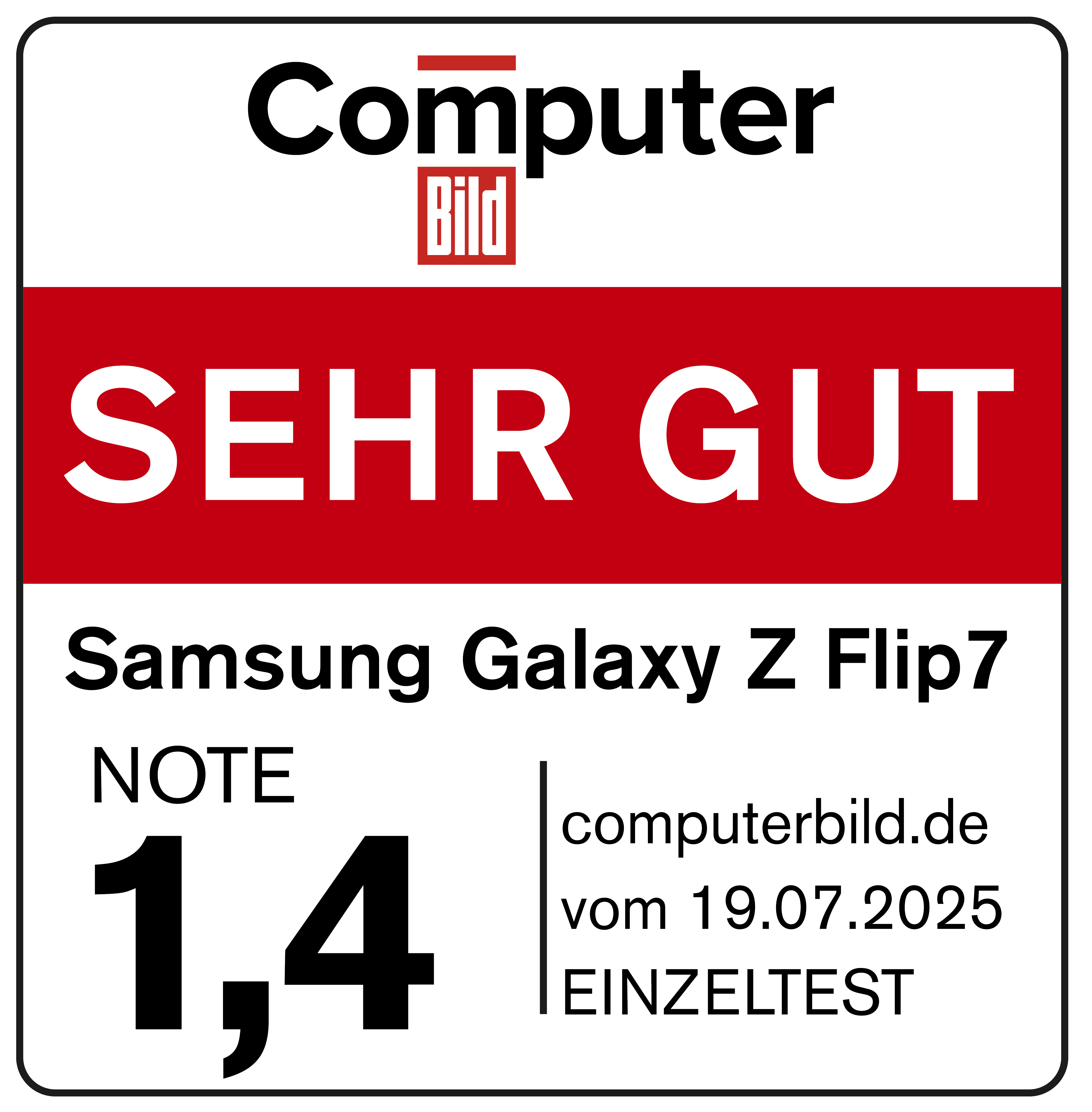 Computer Bild Bewertung für Samsung Galaxy Z Flip7, Note 1,4, mit 'SEHR GUT'. Quelle: computerbild.de vom 19.07.2025.