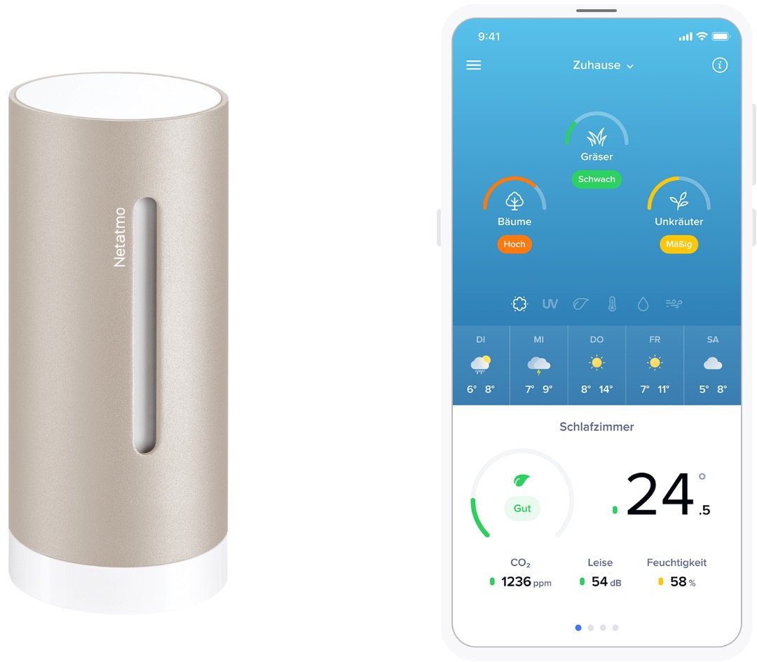 Une station météo Netatmo et un smartphone affichant des données météorologiques. L'écran du téléphone affiche les relevés de température, d'humidité et de qualité de l'air.