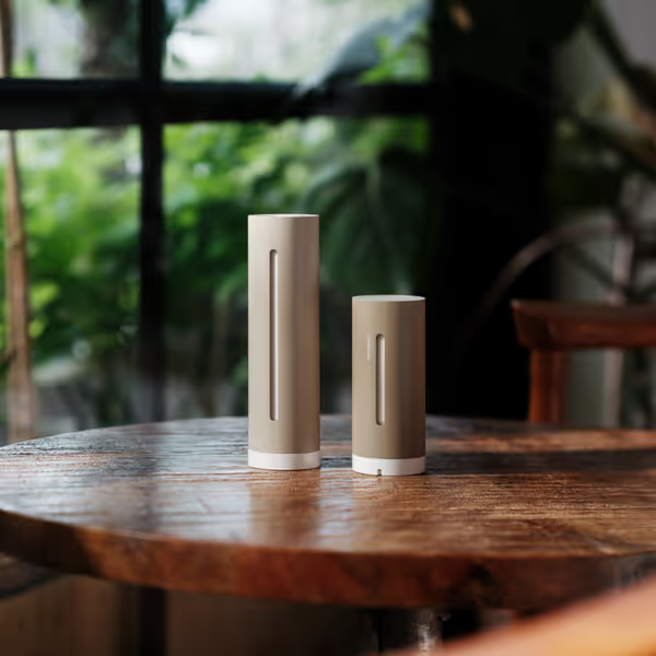 Deux appareils cylindriques beiges avec des fentes verticales sont posés sur une table en bois. On aperçoit un feuillage vert à travers une fenêtre en arrière-plan.