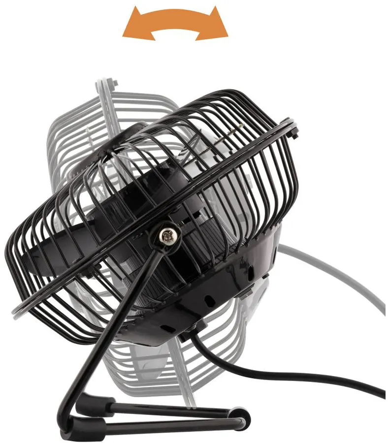 Un ventilatore da scrivania nero oscillante è inclinato verso destra. Le frecce sopra indicano l'oscillazione. Un cavo grigio è visibile.
