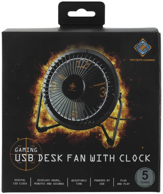 Una scatola nera con una ventola da scrivania e un orologio. Il testo dice 'Ventilatore da scrivania USB con orologio'.