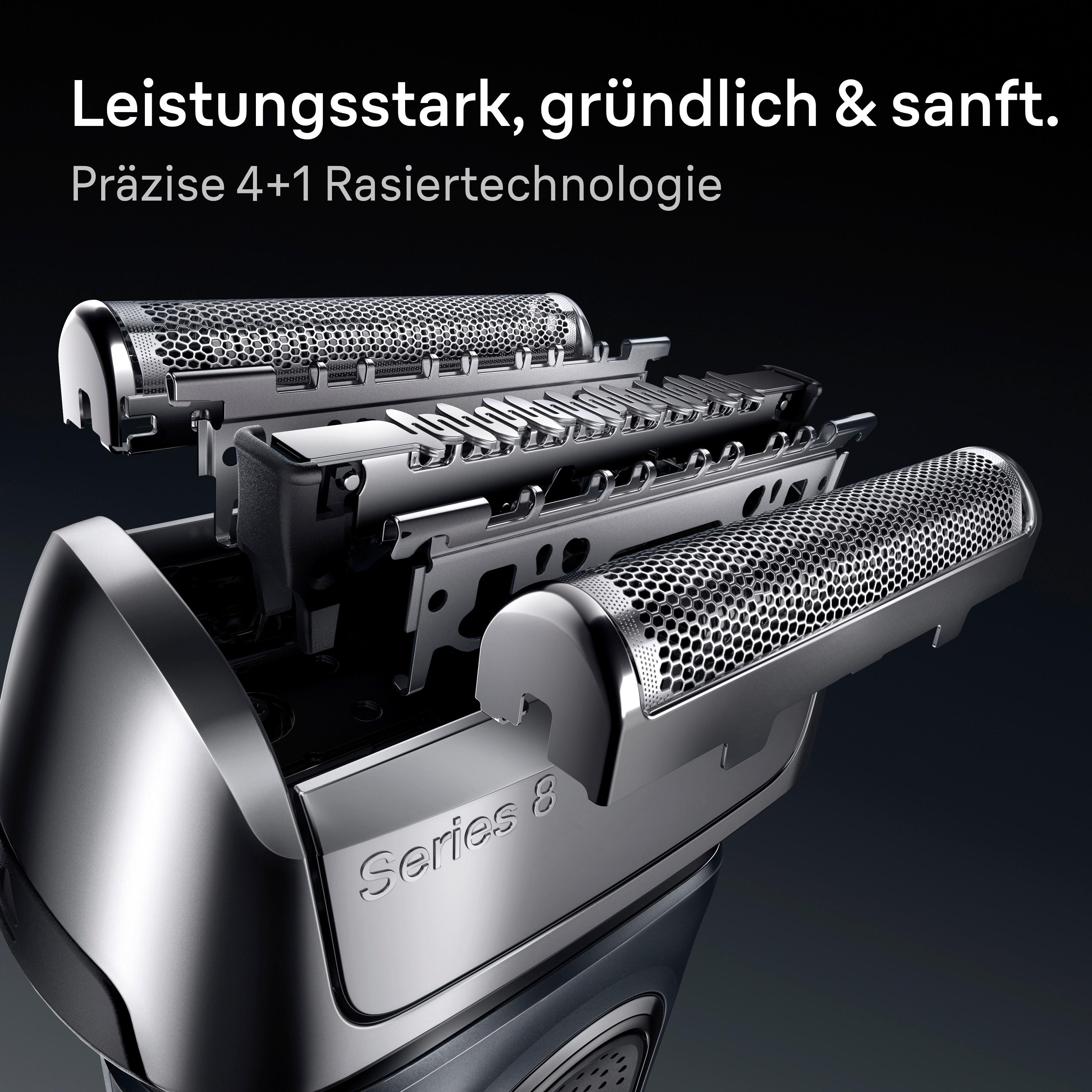 Nahaufnahme eines Elektrorasierers mit Rasierköpfen. Text oben: 'Leistungsstark, gründlich & sanft.'