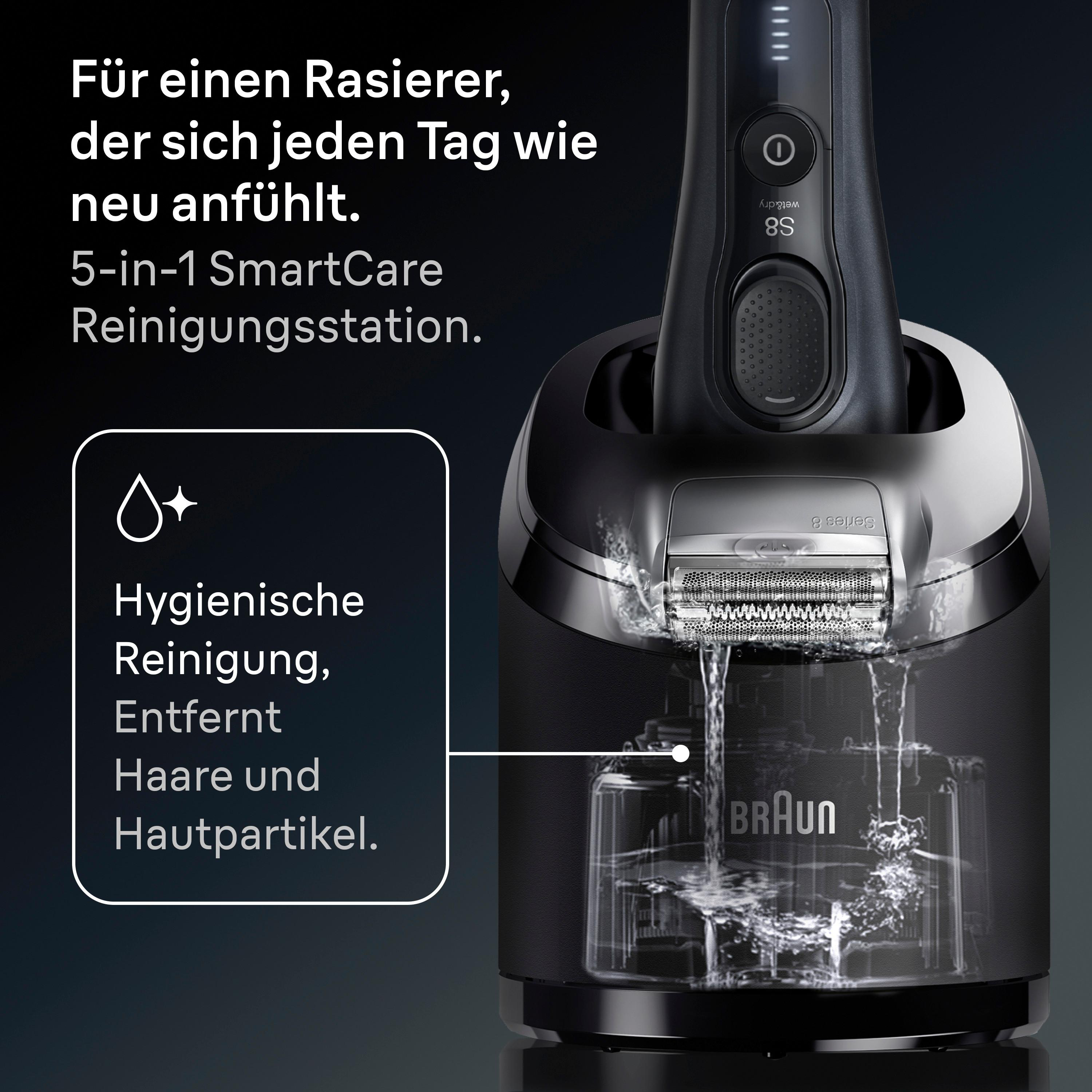 Elektrorasierer Braun Series 8 in einer Reinigungsstation. Schwarz und die Station ist transparent.