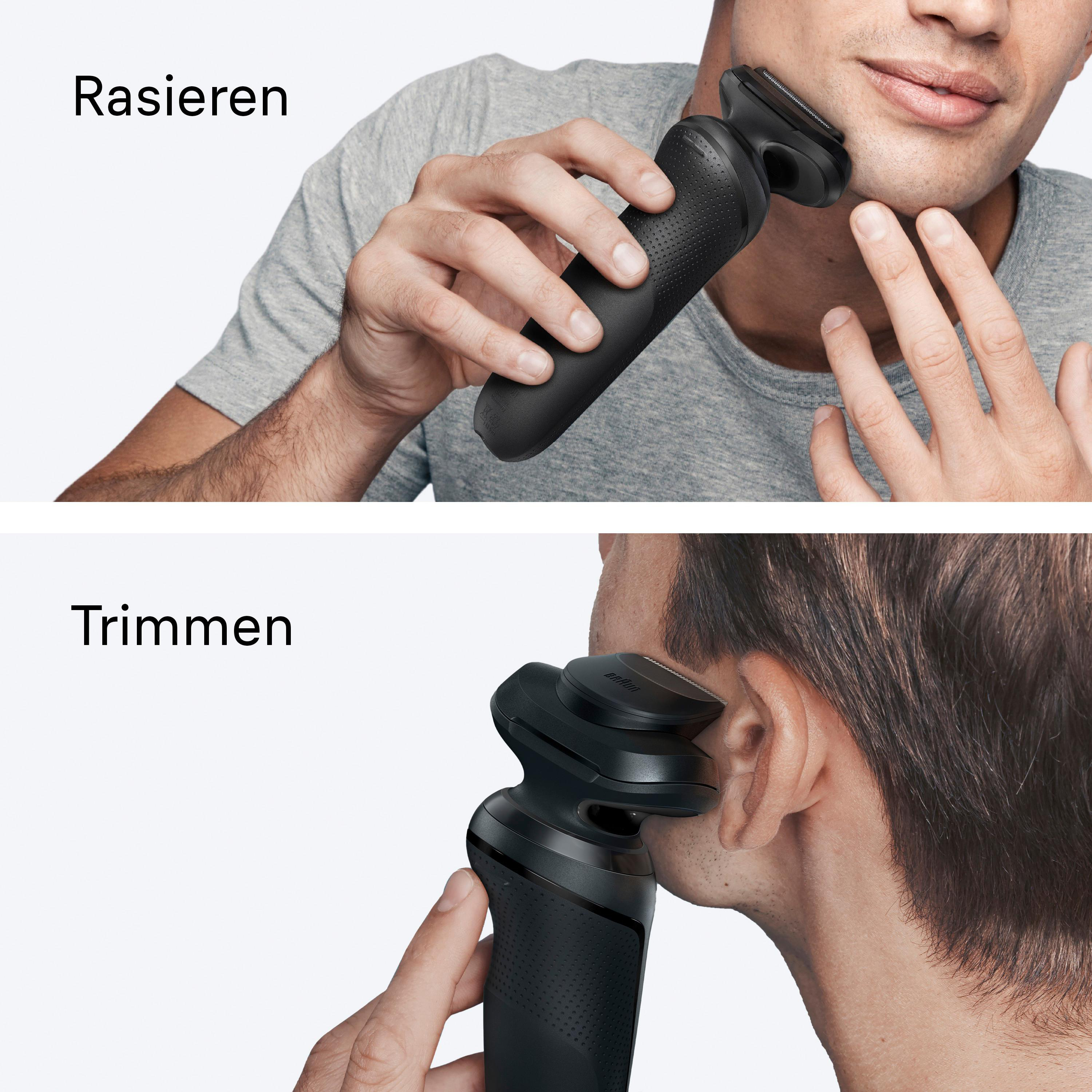 Ein Mann rasiert sich mit einem schwarzen Elektrorasierer. Der Rasierer wird an die Wange gehalten. Der Text 'Rasieren' ist sichtbar.