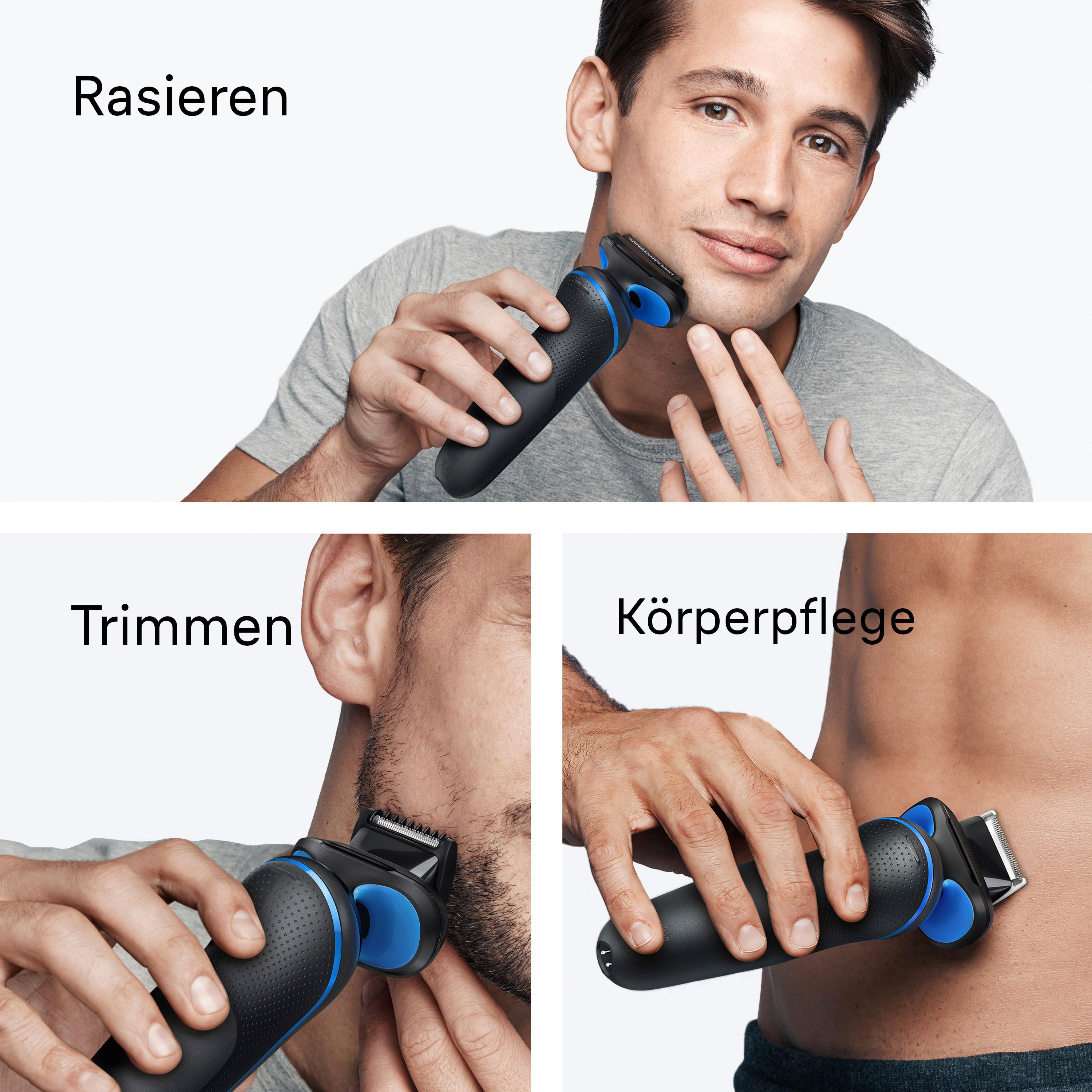 Ein Mann rasiert sich mit einem Elektrorasierer das Gesicht. Ein anderer Mann trimmt seinen Bart, ein anderer rasiert Körperbehaarung.