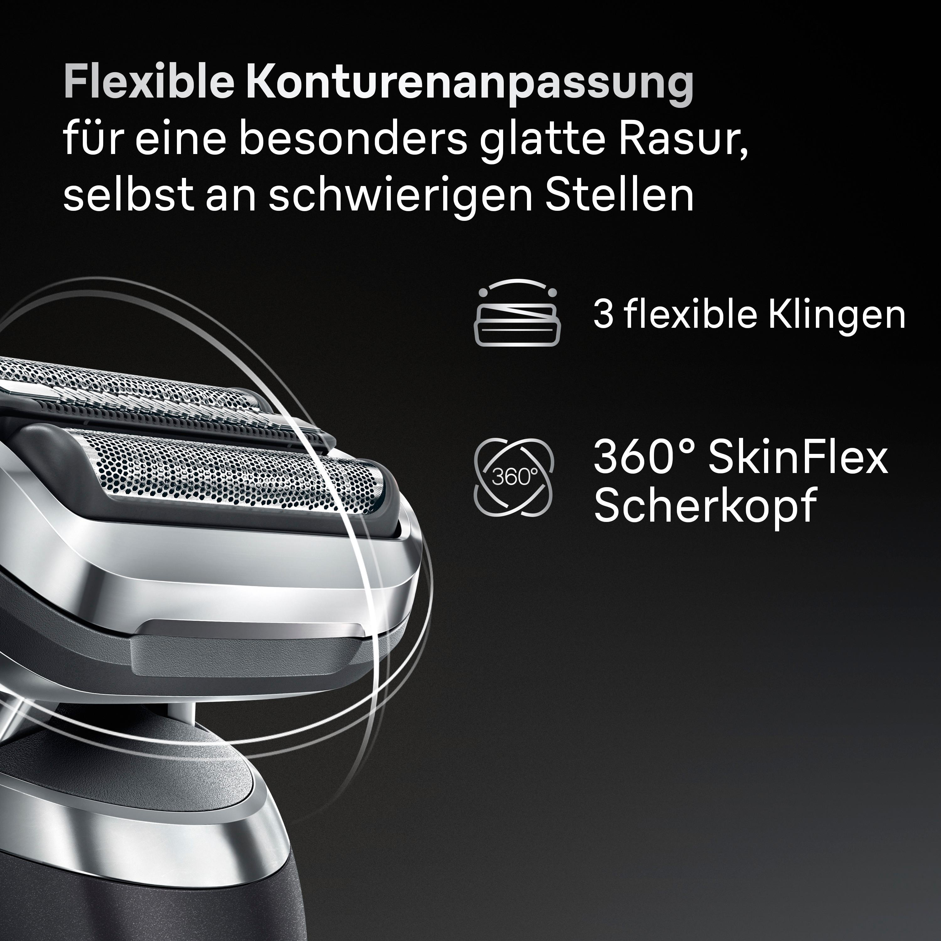 Nahaufnahme eines Elektrorasierers. Er hat einen silbernen Kopf mit drei Klingen. Der Hintergrund ist schwarz.