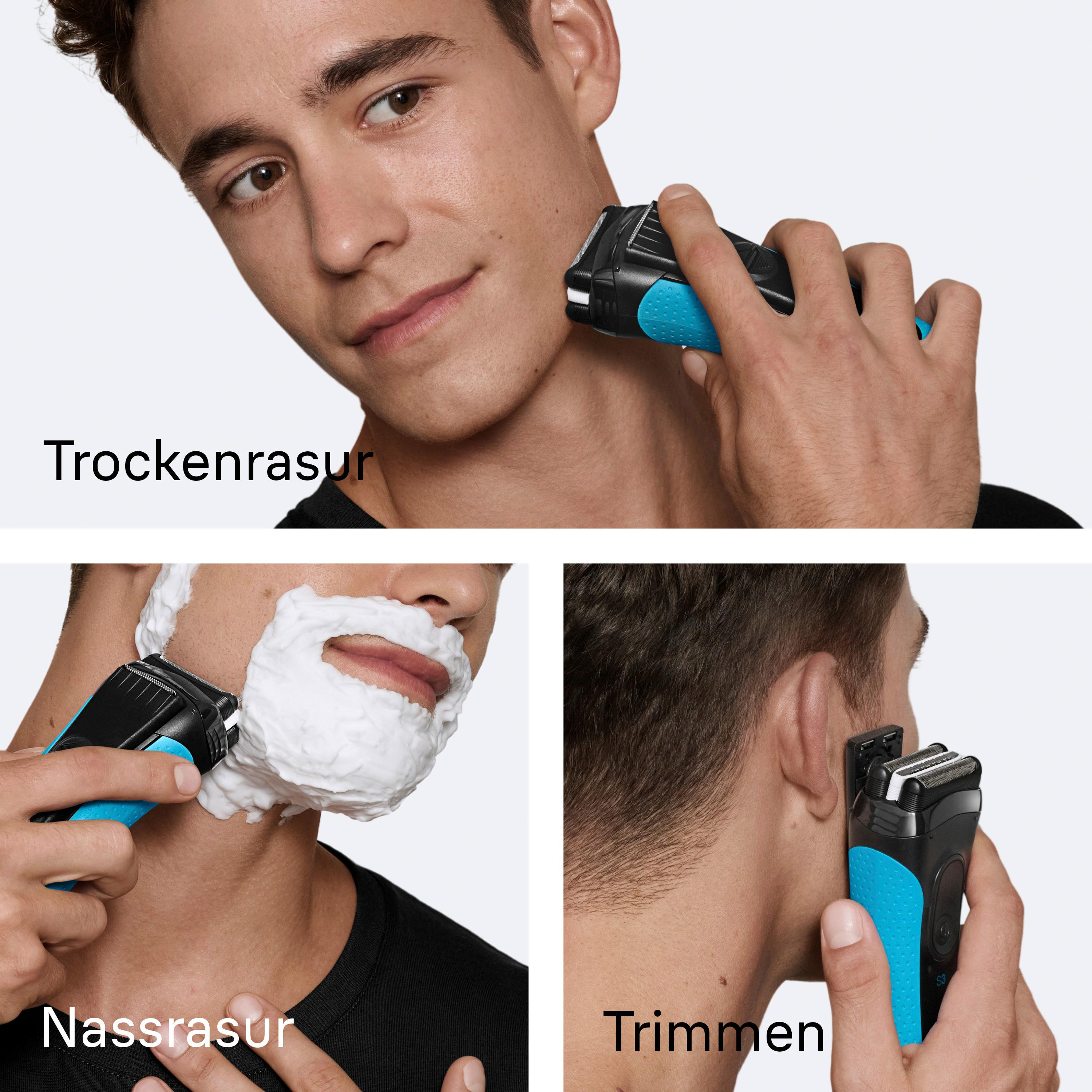 Ein Mann rasiert sich dreifach mit einem schwarz-blauen Elektrorasierer: trocken, nass und trimmen.